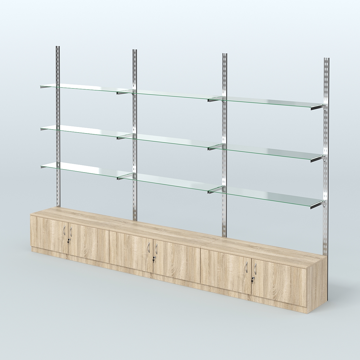 Система ГЛОБАЛ с девятью прозрачными полками и тумбами Т21 №14 (3600 мм) Дуб Сонома