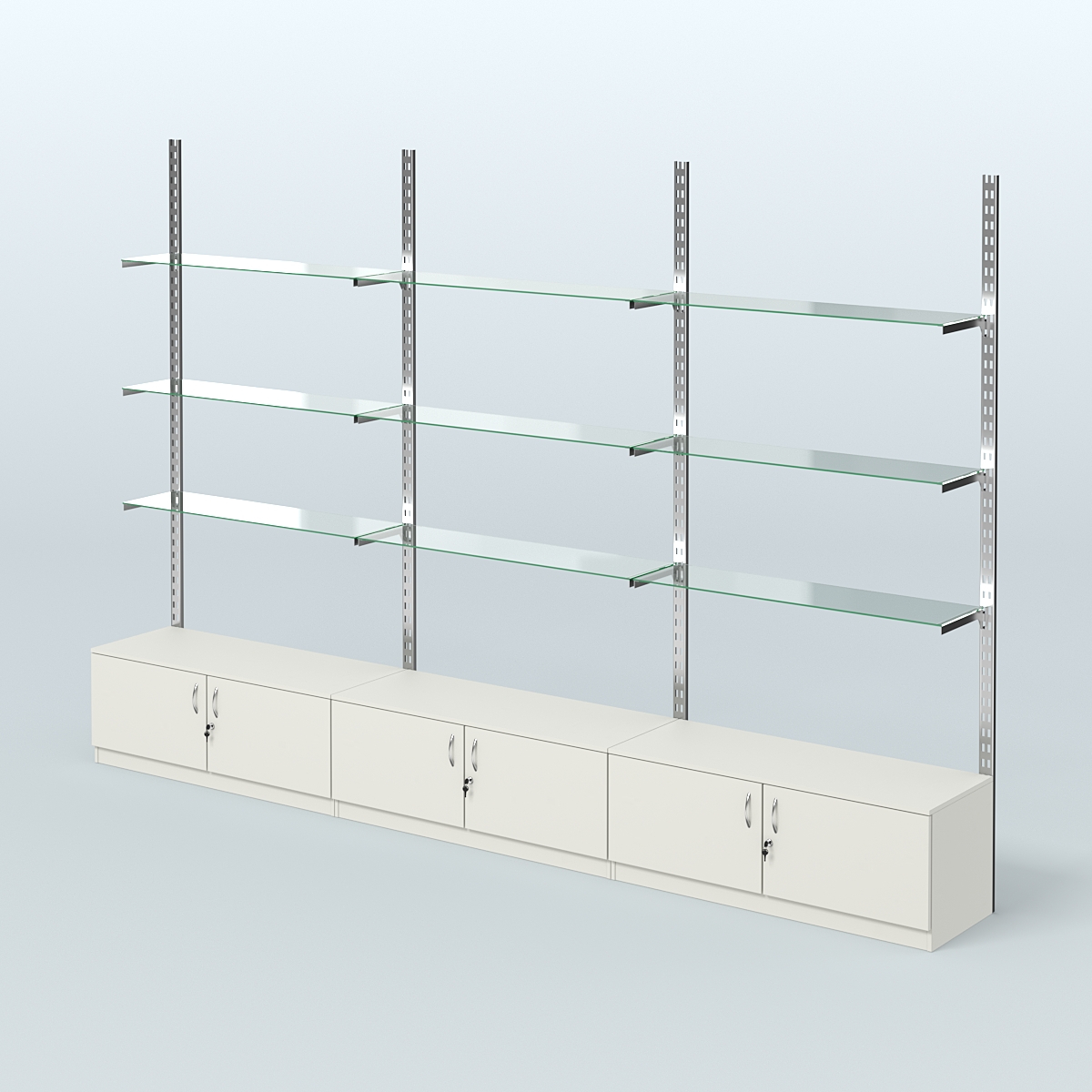 Система ГЛОБАЛ с девятью прозрачными полками и тумбами Т21 №14 (3600 мм) Белый