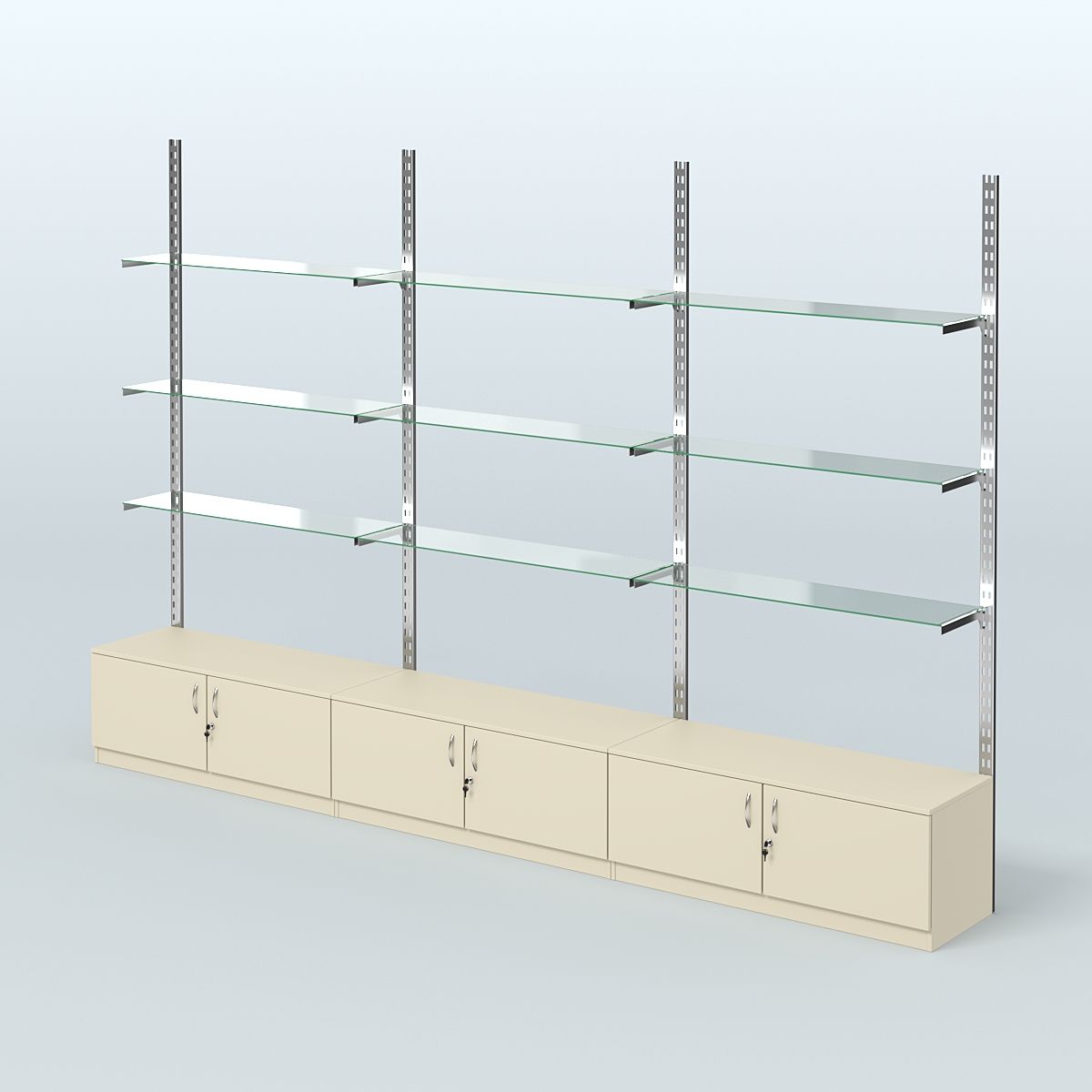 Система ГЛОБАЛ с девятью прозрачными полками и тумбами Т21 №14 (3600 мм) Крем Вайс