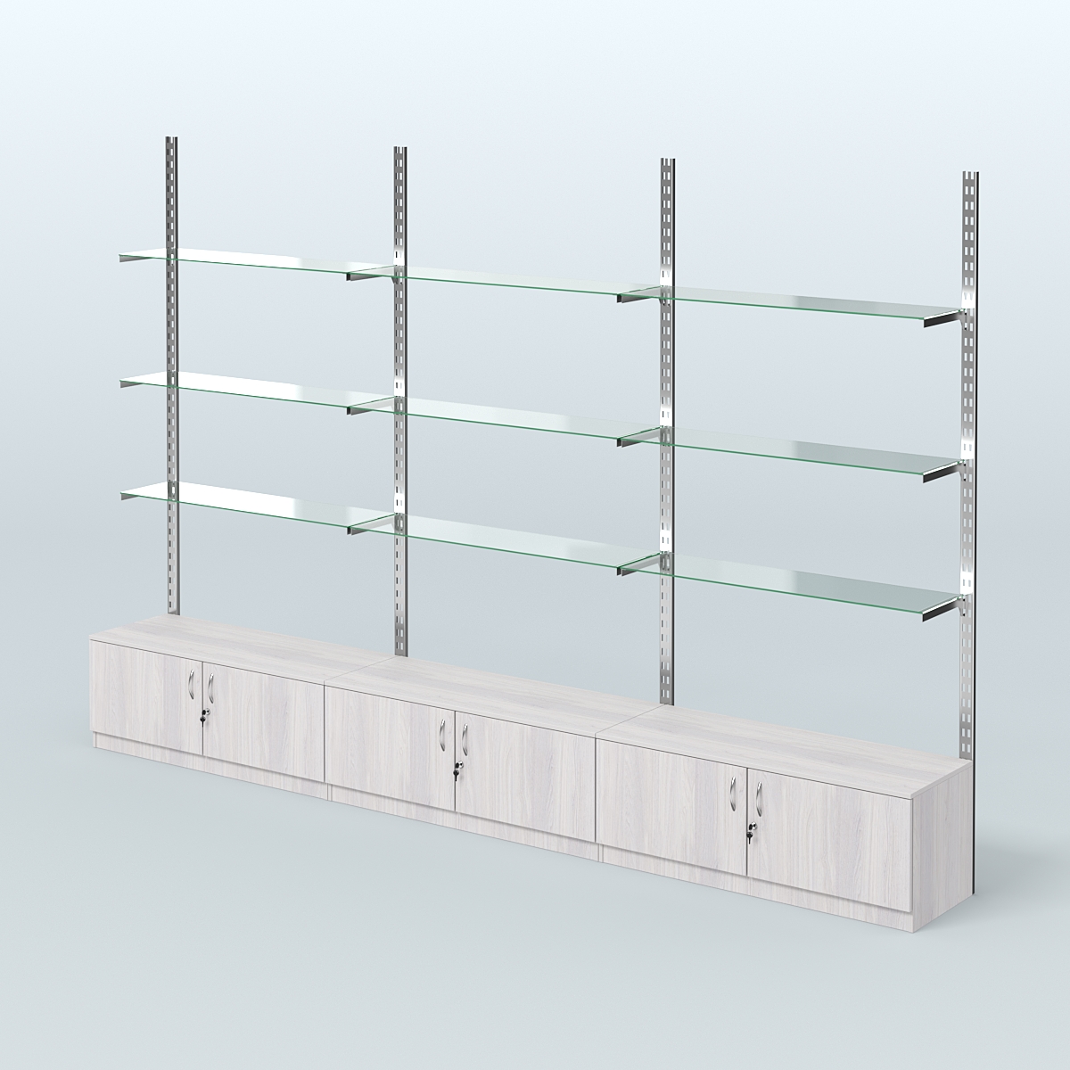 Система ГЛОБАЛ с девятью прозрачными полками и тумбами Т21 №14 (3600 мм) Ясень Анкор светлый