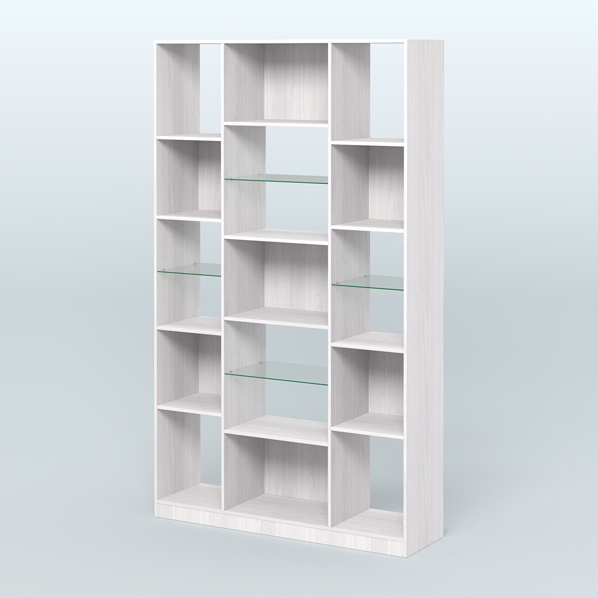 Стеллаж из ДСП серии ЛОФТ №12-3 с полками стекло 5 мм Ясень Анкор светлый