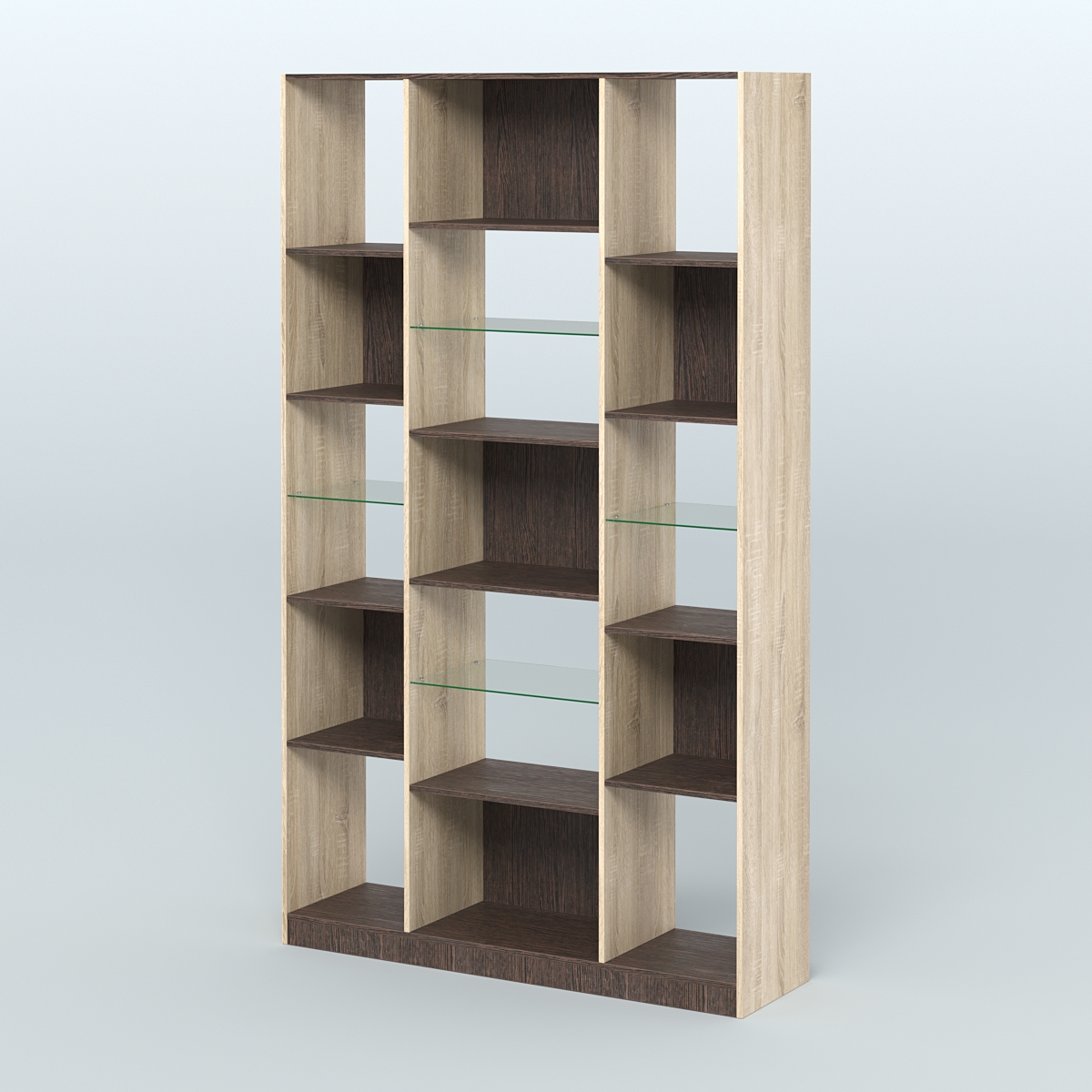Стеллаж из ДСП серии ЛОФТ №12-3 с полками стекло 5 мм Дуб Сонома + Дуб Венге