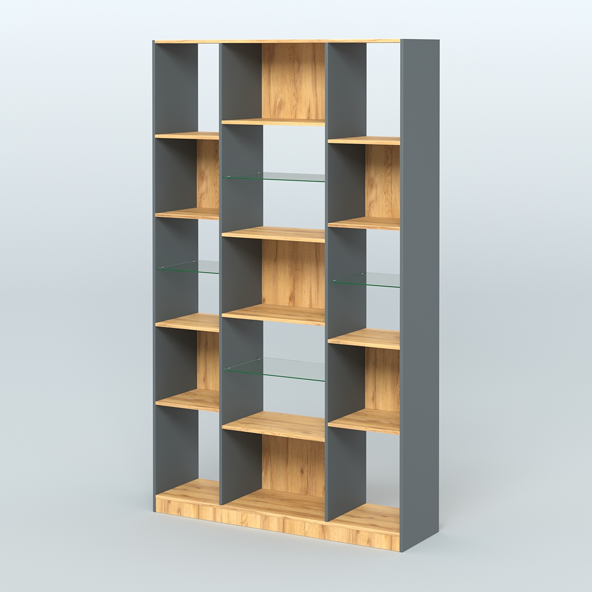 Стеллаж из ДСП серии ЛОФТ №12-3 с полками стекло 5 мм Темно-Серый  + Дуб Золотистый