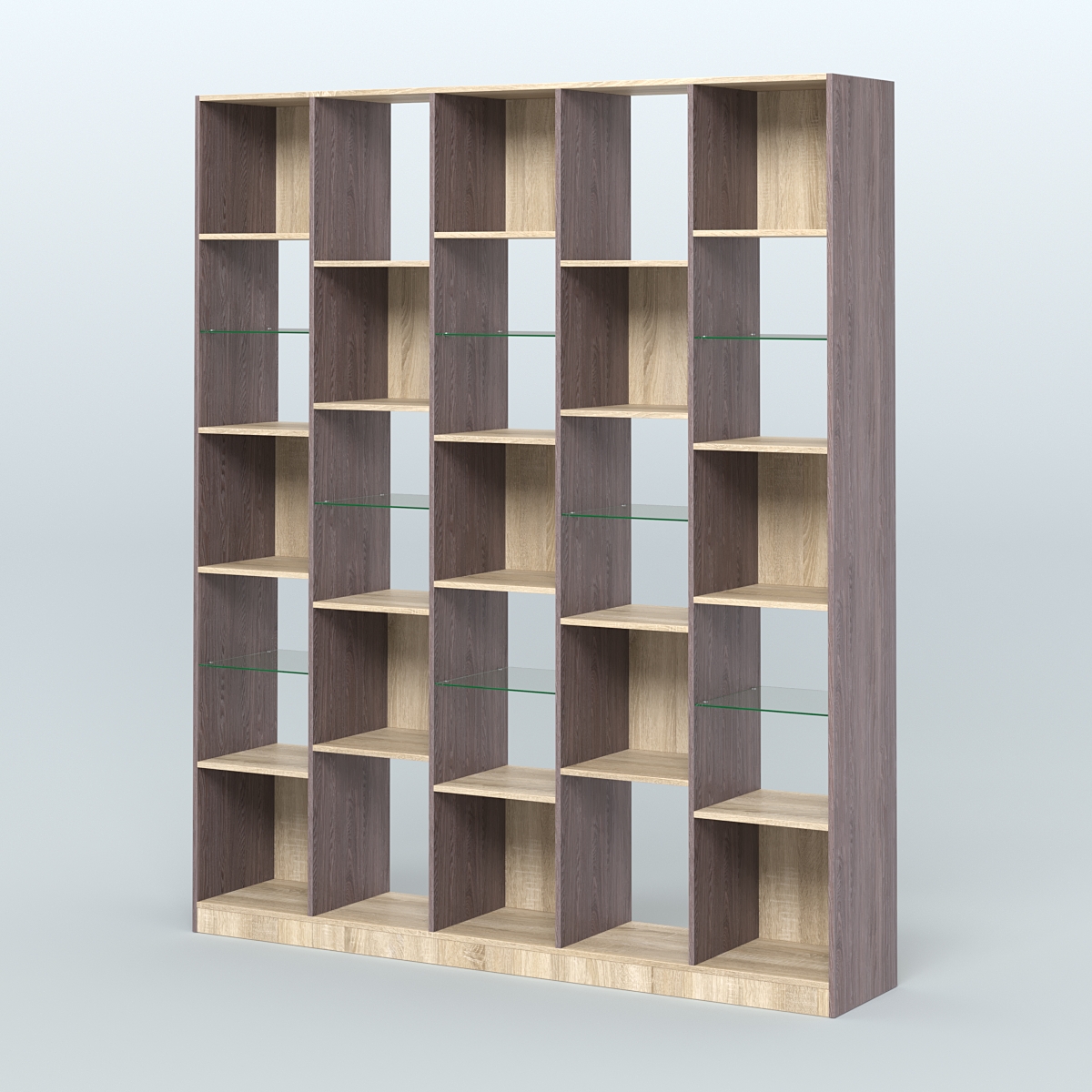 Стеллаж из ДСП серии ЛОФТ №13-3 с полками стекло 5 мм Ясень Анкор темный и Дуб Сонома