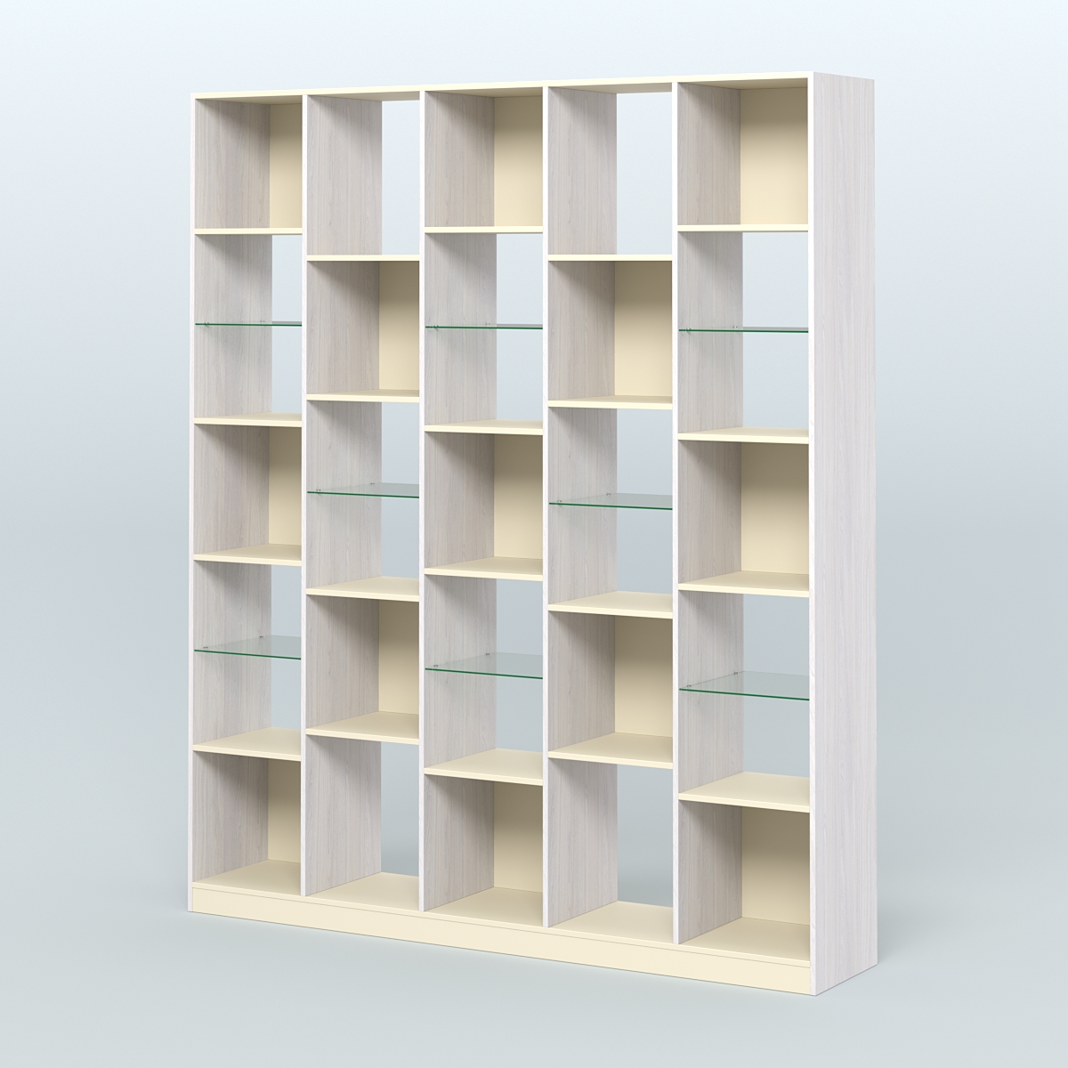 Стеллаж из ДСП серии ЛОФТ №13-3 с полками стекло 5 мм Ясень Анкор светлый и Крем Вайс