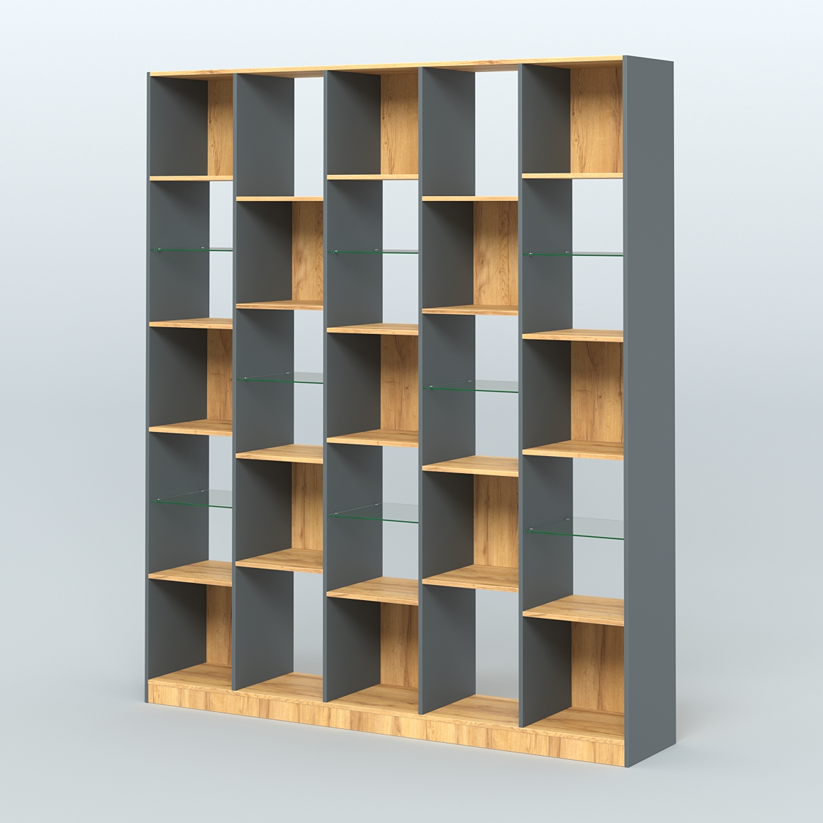 Стеллаж из ДСП серии ЛОФТ №13-3 с полками стекло 5 мм Темно-Серый  + Дуб Золотистый