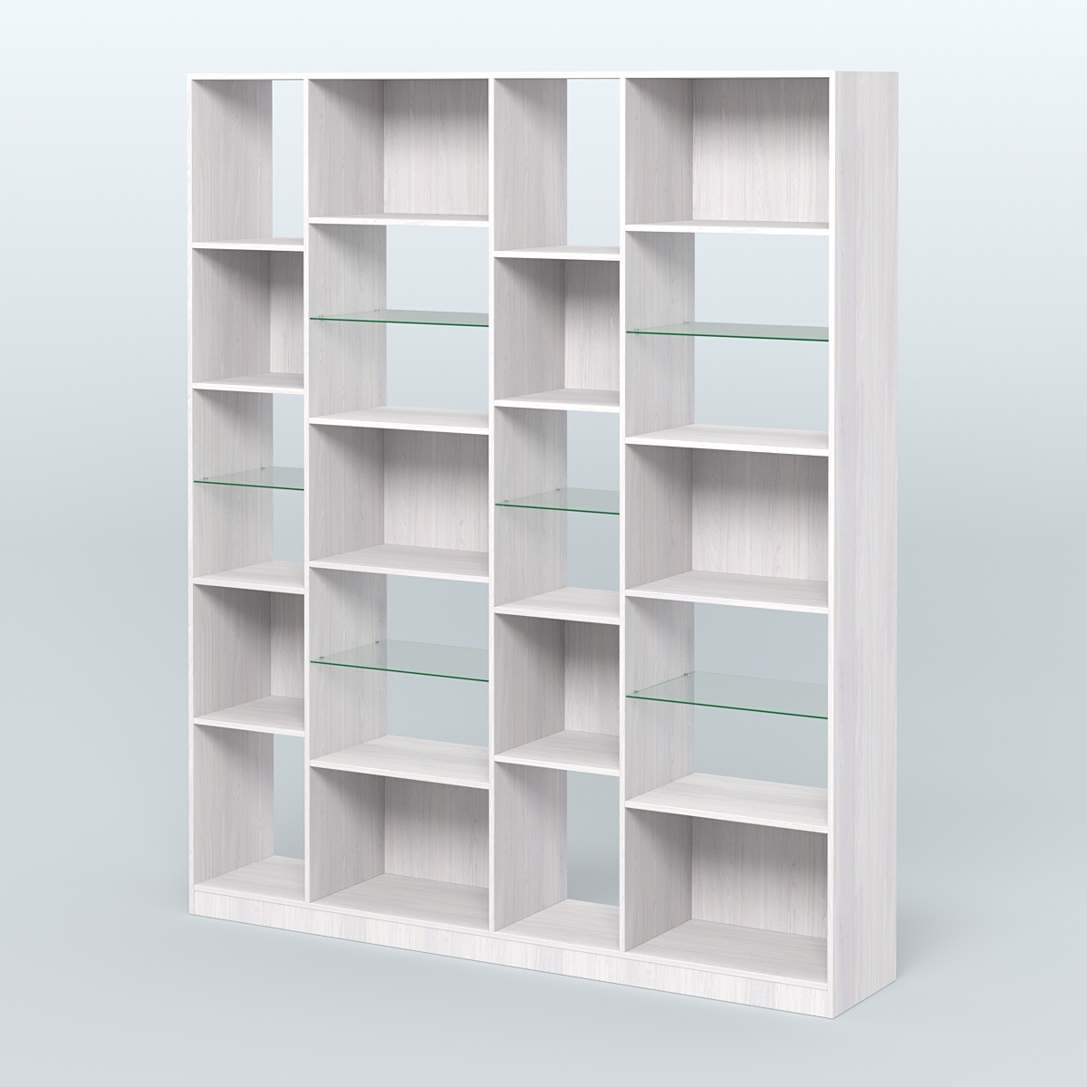 Стеллаж из ДСП серии ЛОФТ №15-3 с полками стекло 5 мм Ясень Анкор светлый