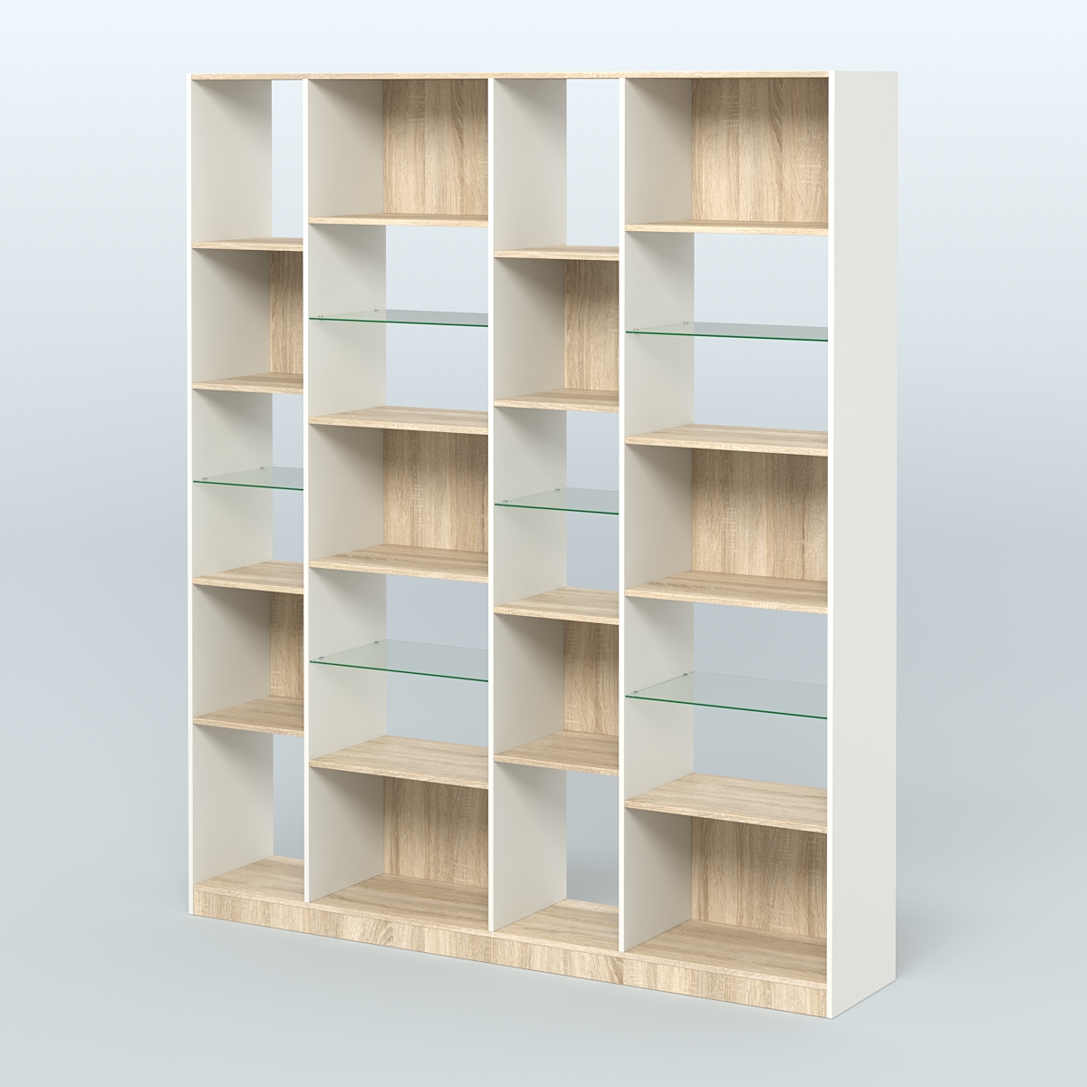 Стеллаж из ДСП серии ЛОФТ №15-3 с полками стекло 5 мм Белый + Дуб Сонома