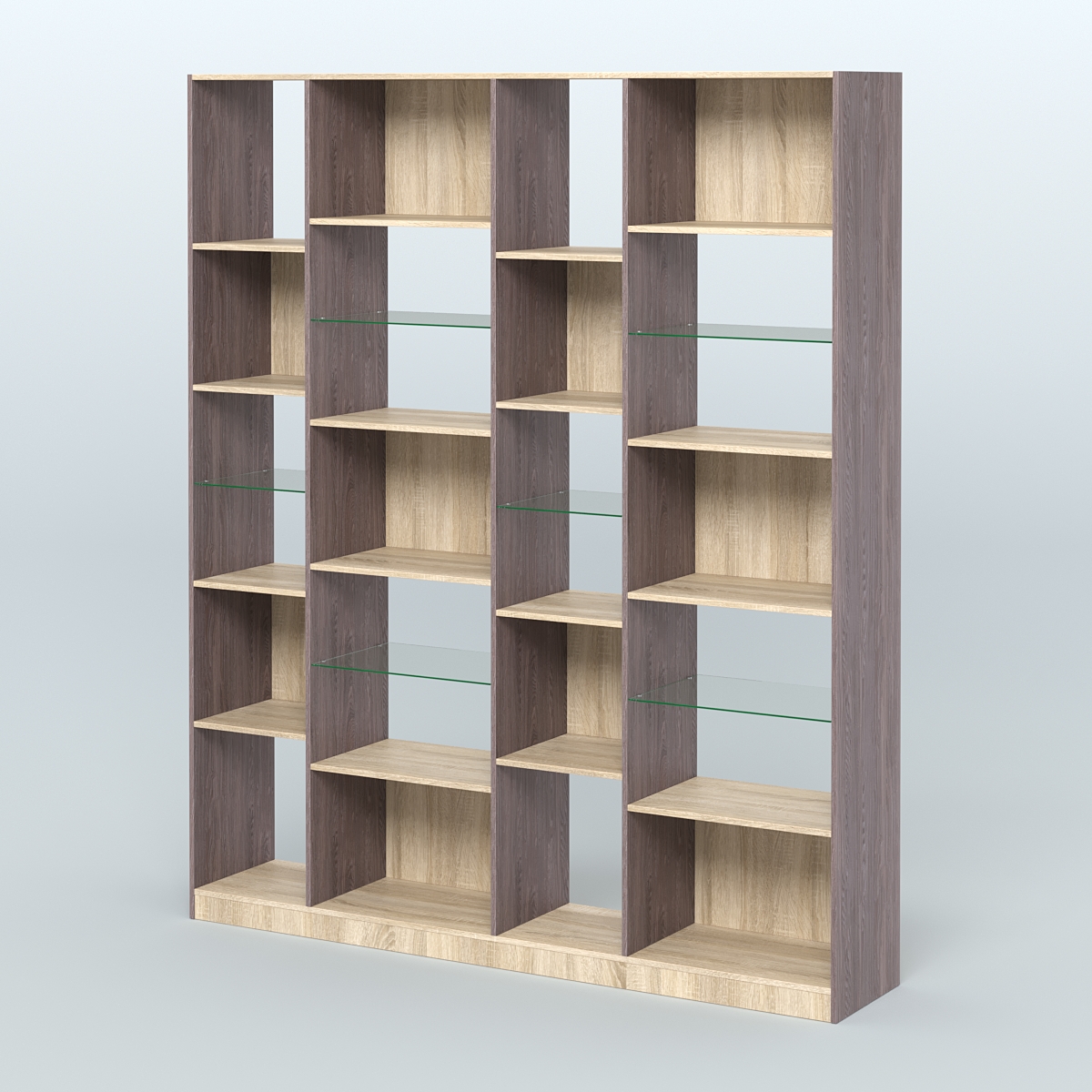 Стеллаж из ДСП серии ЛОФТ №15-3 с полками стекло 5 мм Ясень Анкор темный и Дуб Сонома