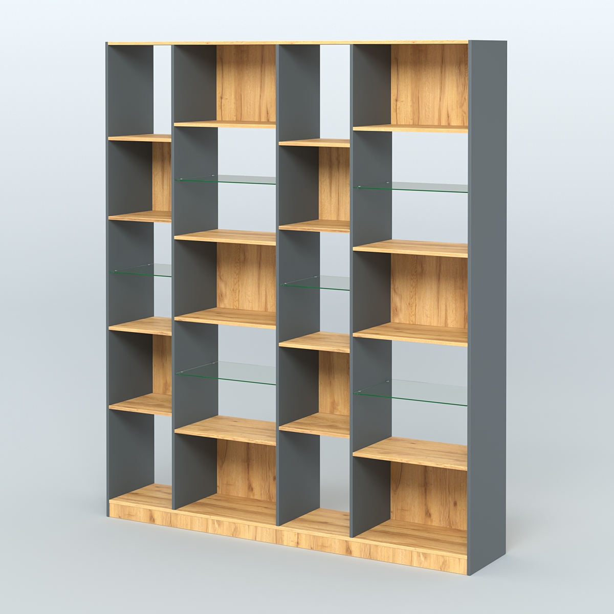 Стеллаж из ДСП серии ЛОФТ №15-3 с полками стекло 5 мм Темно-Серый  + Дуб Золотистый