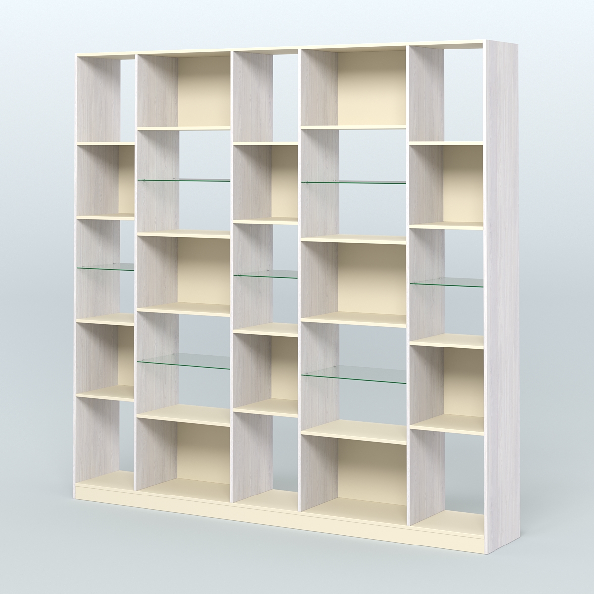 Стеллаж из ДСП серии ЛОФТ №17-3 с полками стекло 5 мм Ясень Анкор светлый и Крем Вайс