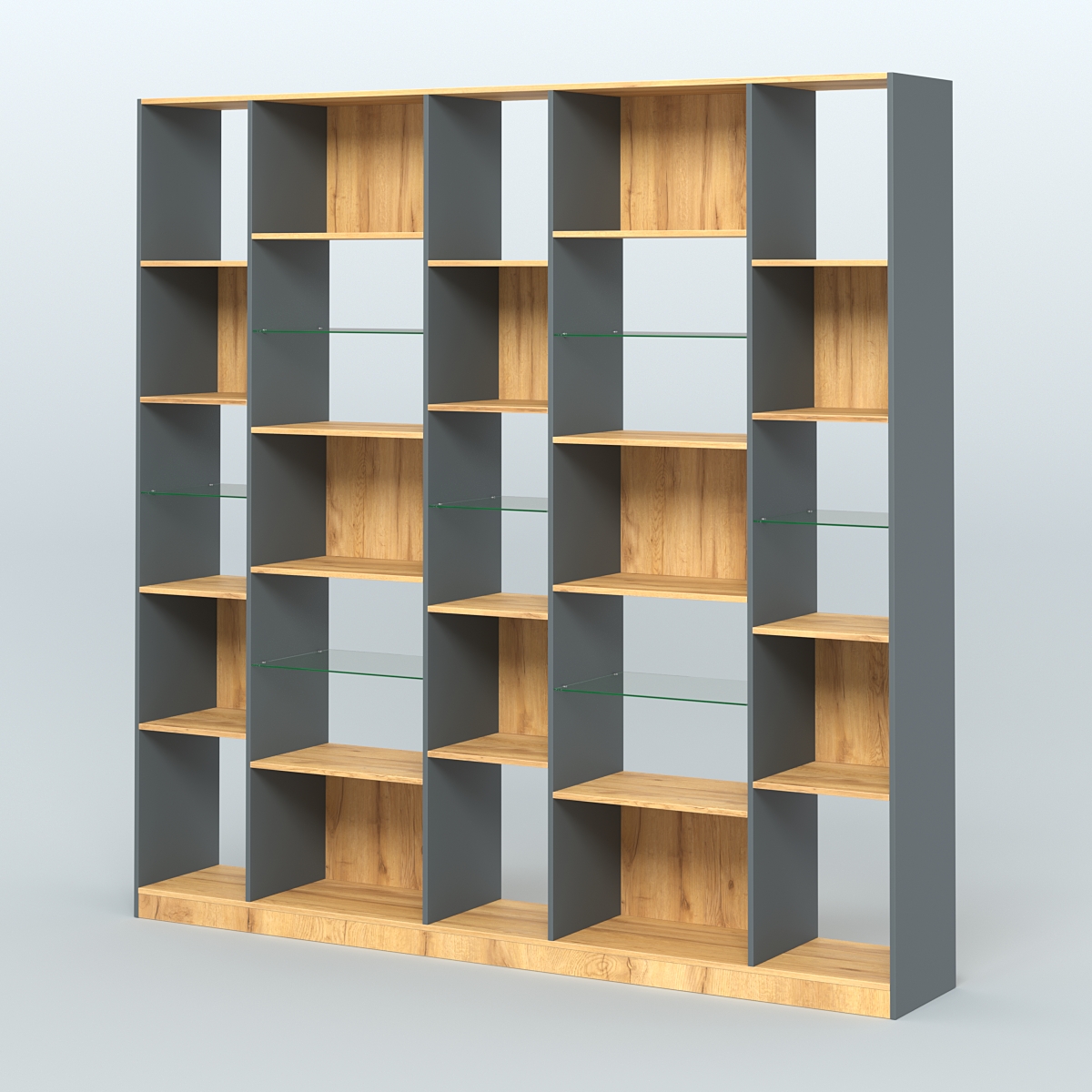 Стеллаж из ДСП серии ЛОФТ №17-3 с полками стекло 5 мм Темно-Серый  + Дуб Золотистый