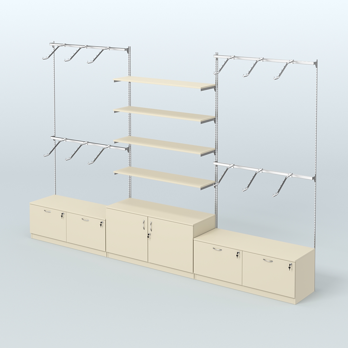 Система Neo Fix №3 с полками из ДСП, поручнями и тумбами T-15 и Т-22 Крем Вайс
