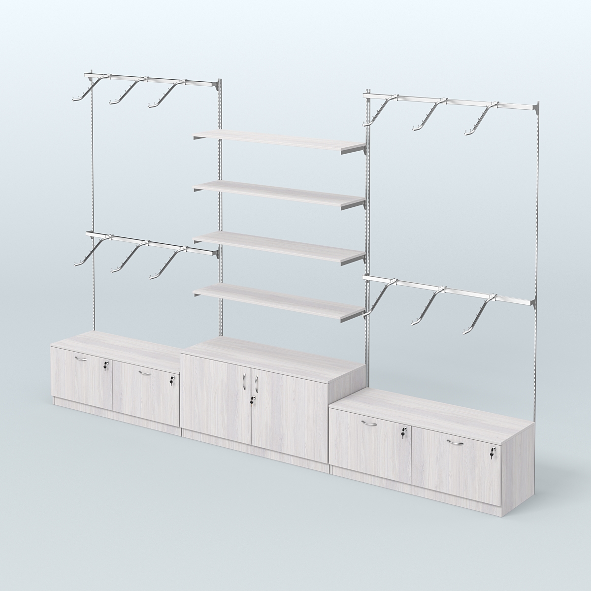 Система Neo Fix №3 с полками из ДСП, поручнями и тумбами T-15 и Т-22 Ясень Анкор светлый