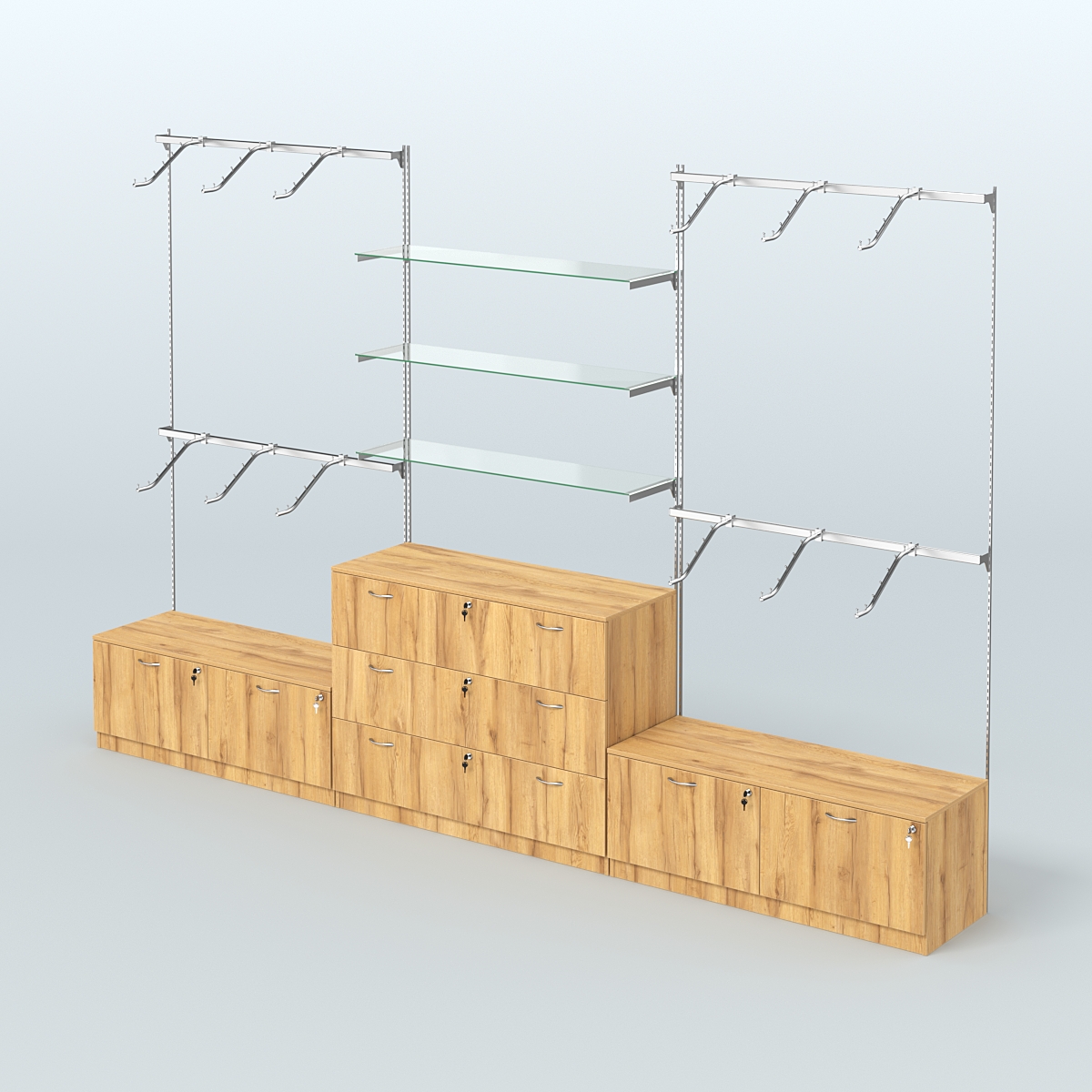 Система Neo Fix со стеклянными полками №4 и тумбами T-15 и Т13 Дуб Золотистый