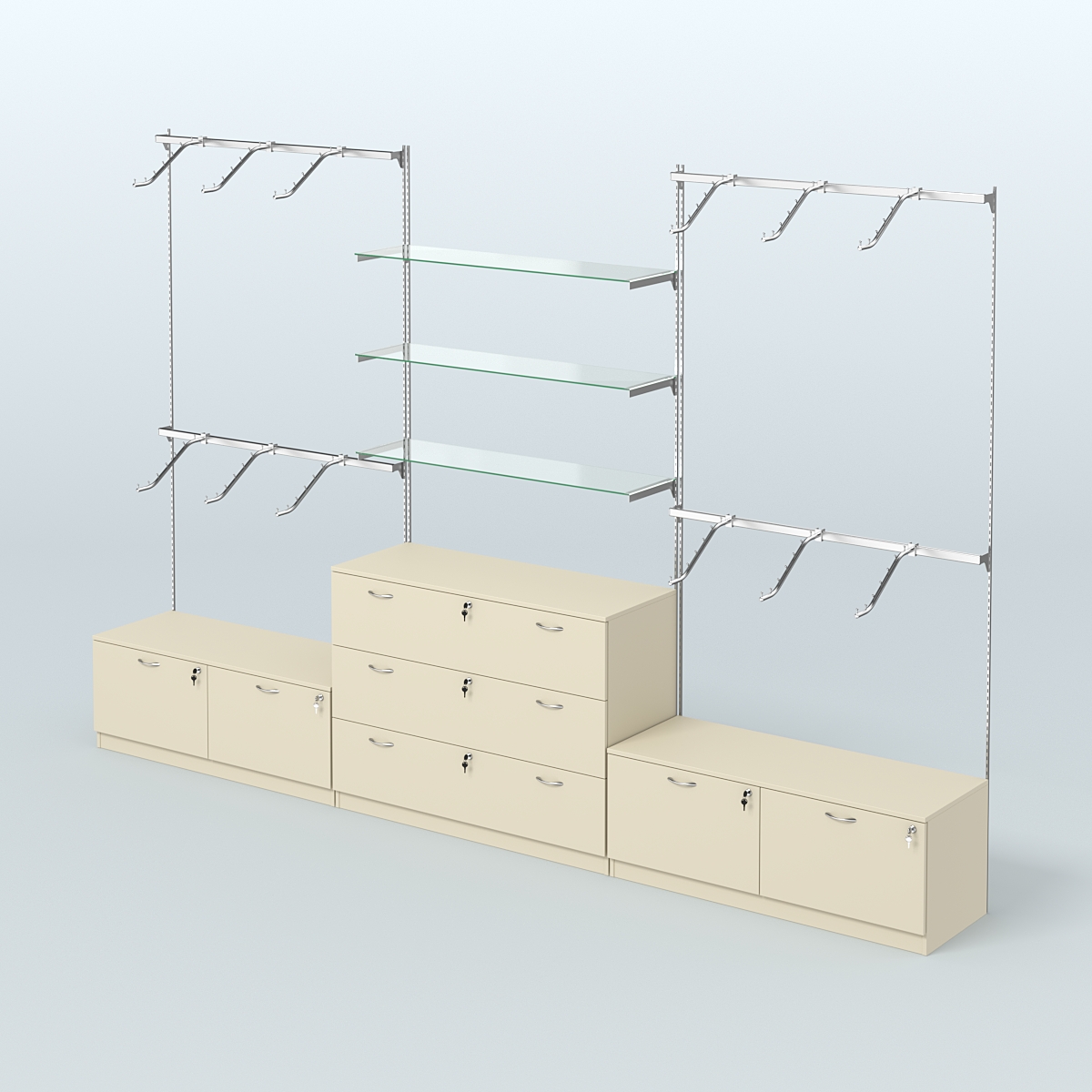 Система Neo Fix со стеклянными полками №4 и тумбами T-15 и Т13 Крем Вайс