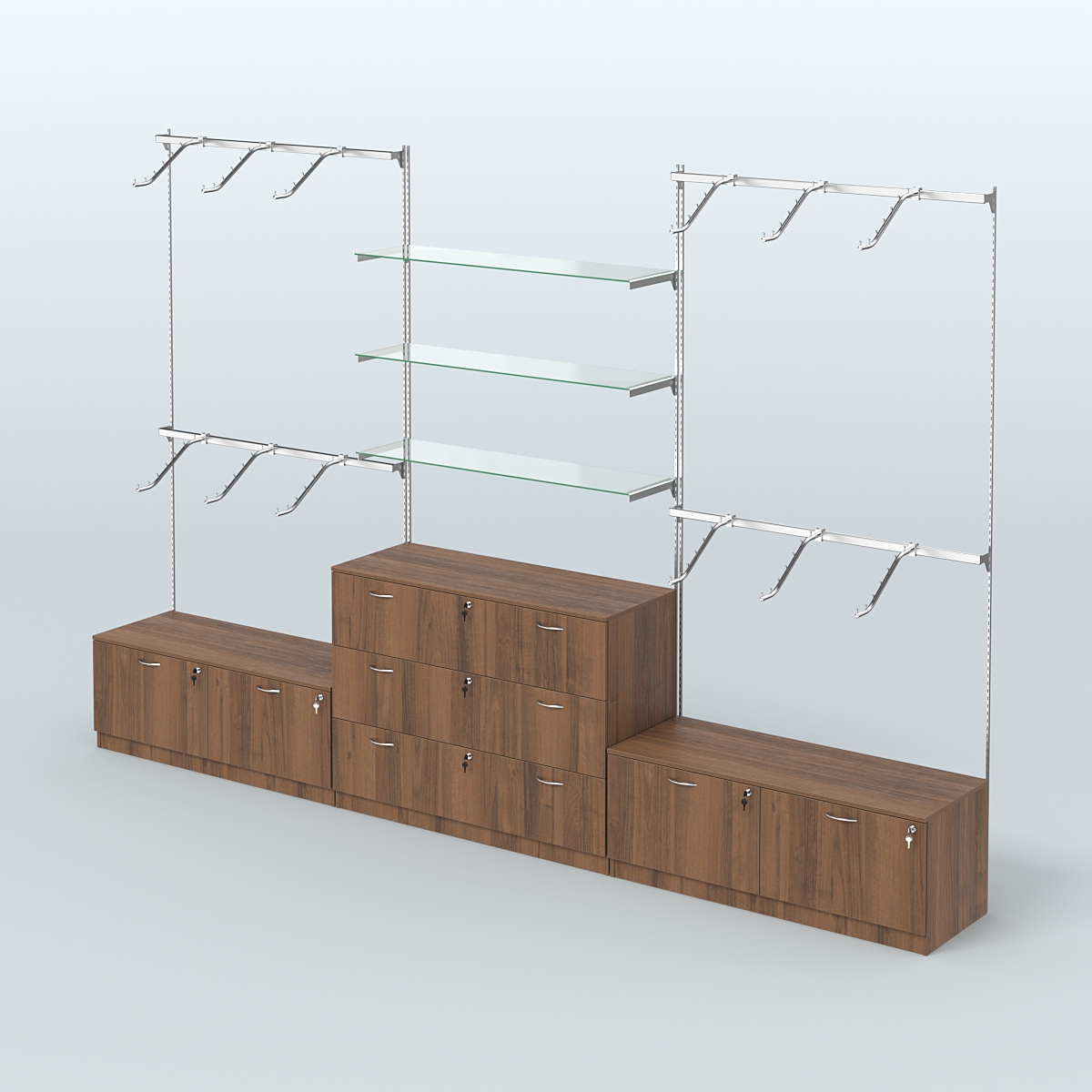 Система Neo Fix со стеклянными полками №4 и тумбами T-15 и Т13 Орех