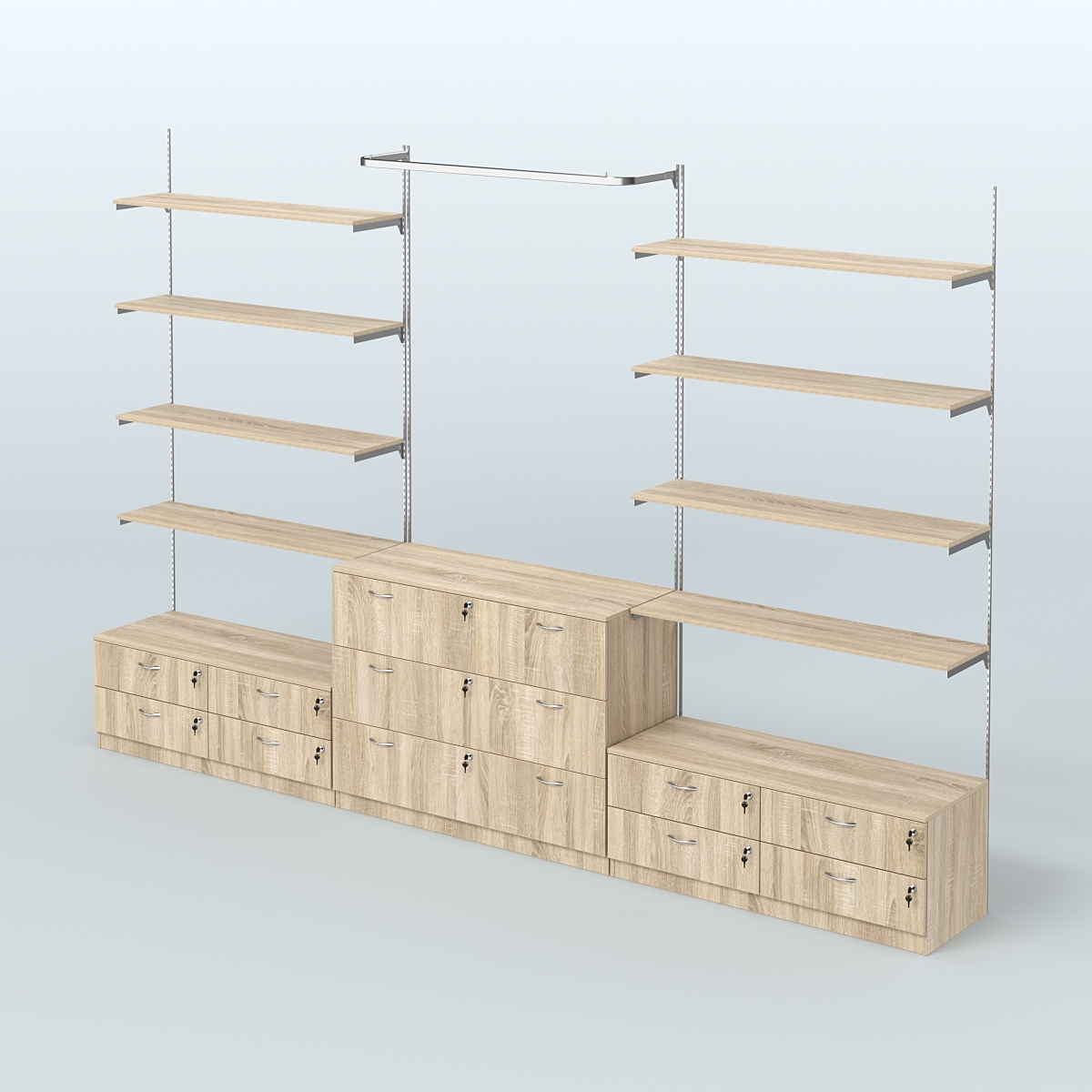 Система Neo Fix №5 с П-образным поручнем, полками из ДСП и тумбами T-14 и Т-13 Дуб Сонома