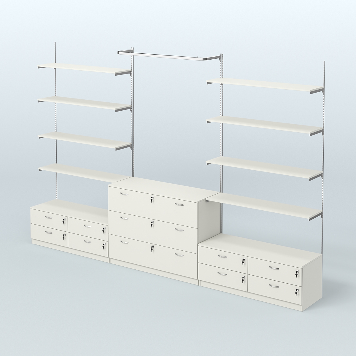 Система Neo Fix №5 с П-образным поручнем, полками из ДСП и тумбами T-14 и Т-13 Белый