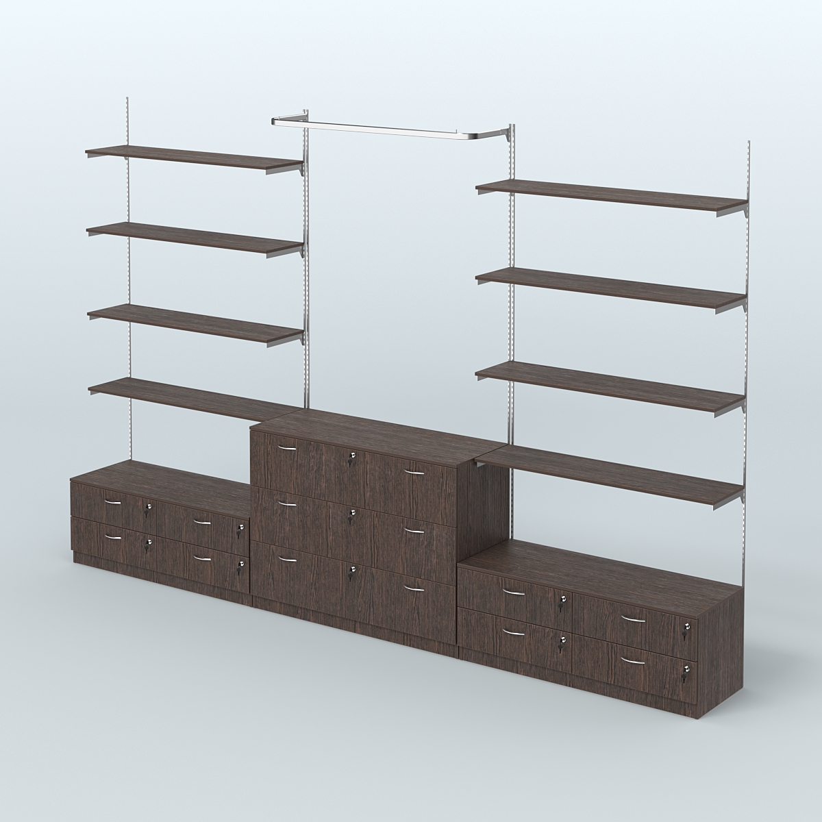 Система Neo Fix №5 с П-образным поручнем, полками из ДСП и тумбами T-14 и Т-13 Дуб Венге