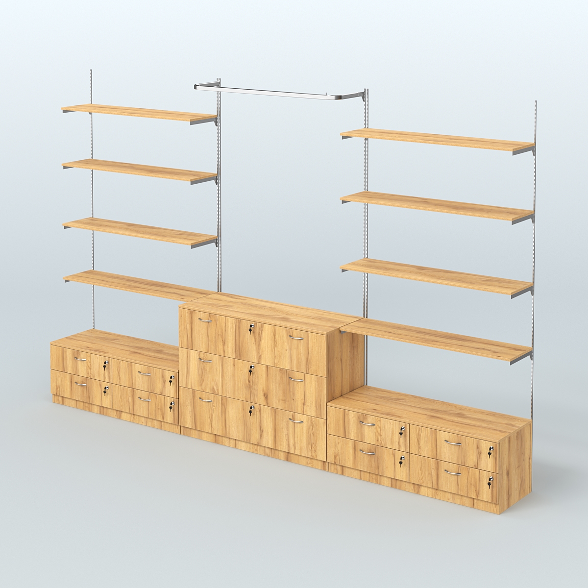 Система Neo Fix №5 с П-образным поручнем, полками из ДСП и тумбами T-14 и Т-13 Дуб Золотистый