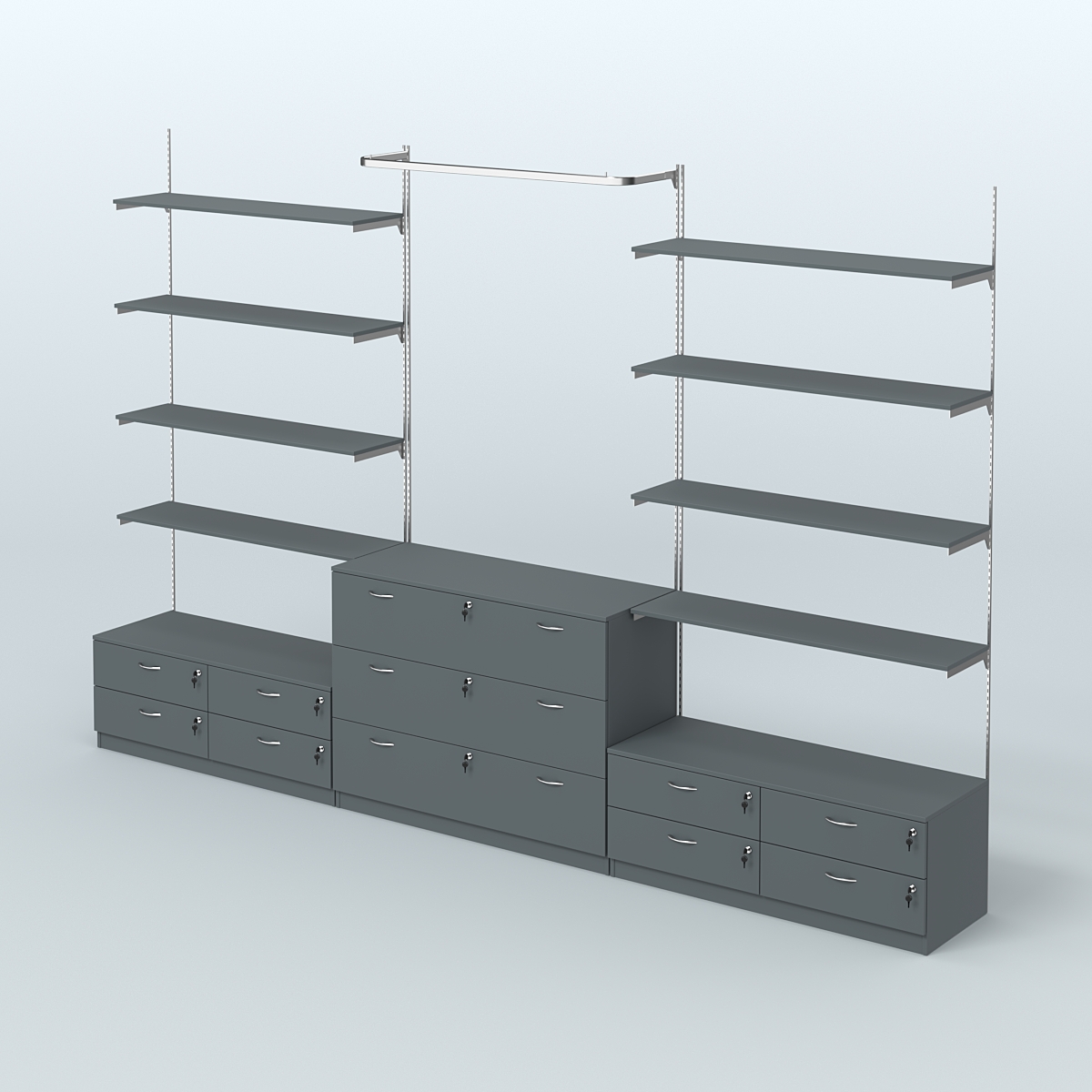 Система Neo Fix №5 с П-образным поручнем, полками из ДСП и тумбами T-14 и Т-13 Темно-Серый