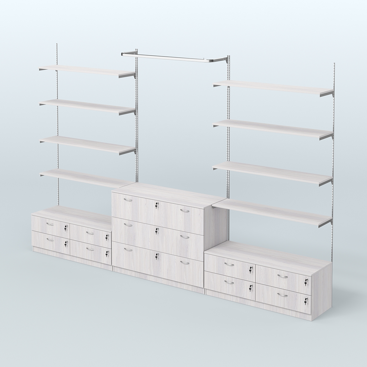 Система Neo Fix №5 с П-образным поручнем, полками из ДСП и тумбами T-14 и Т-13 Ясень Анкор светлый