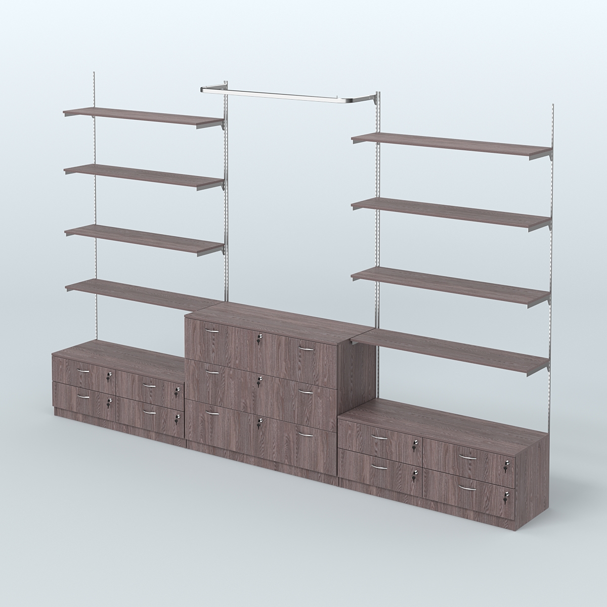Система Neo Fix №5 с П-образным поручнем, полками из ДСП и тумбами T-14 и Т-13 Ясень Анкор темный