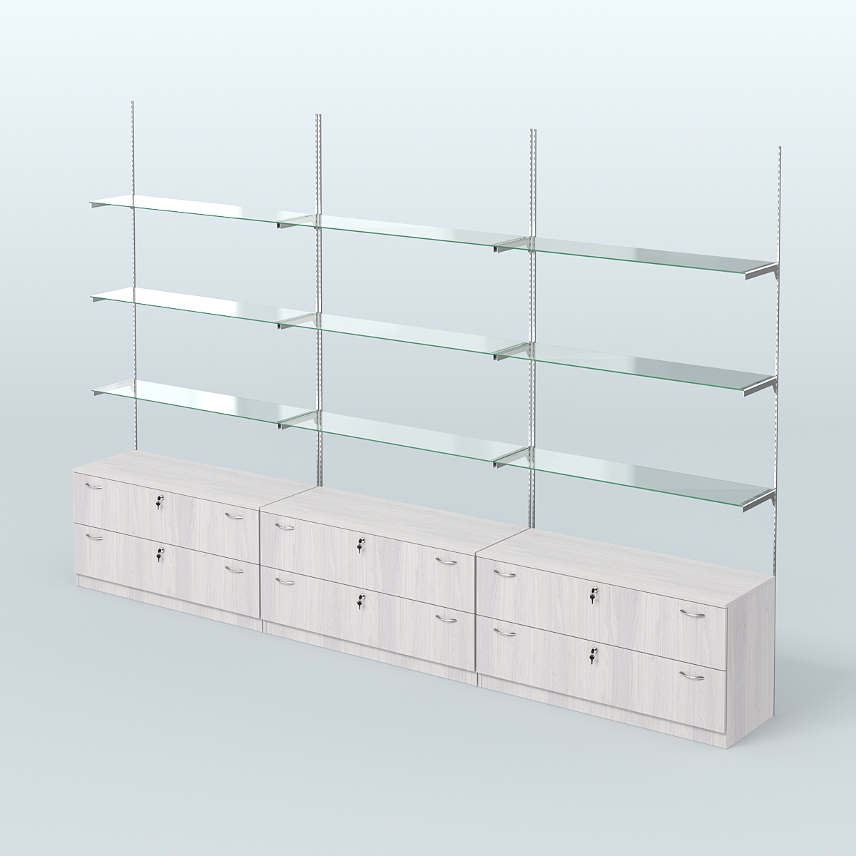 Система Neo Fix №8 со стеклянными полками и тумбами T-12 Ясень Анкор светлый