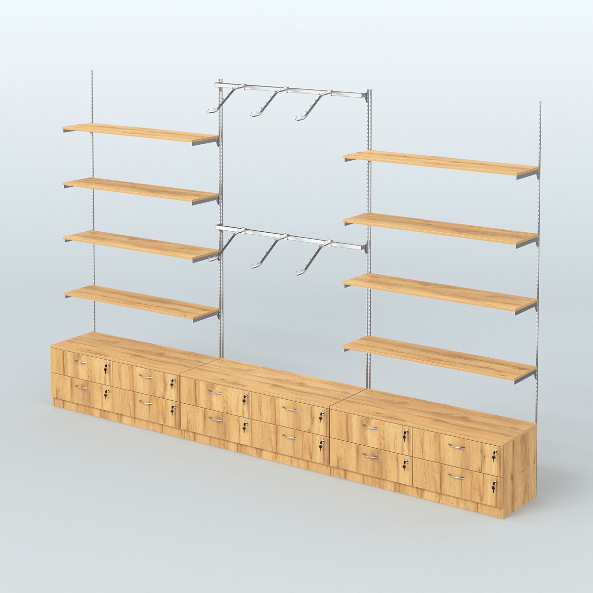 Система Neo Fix №9 с пристенными поручнями, полками из ДСП и тумбами T-14 Дуб Золотистый