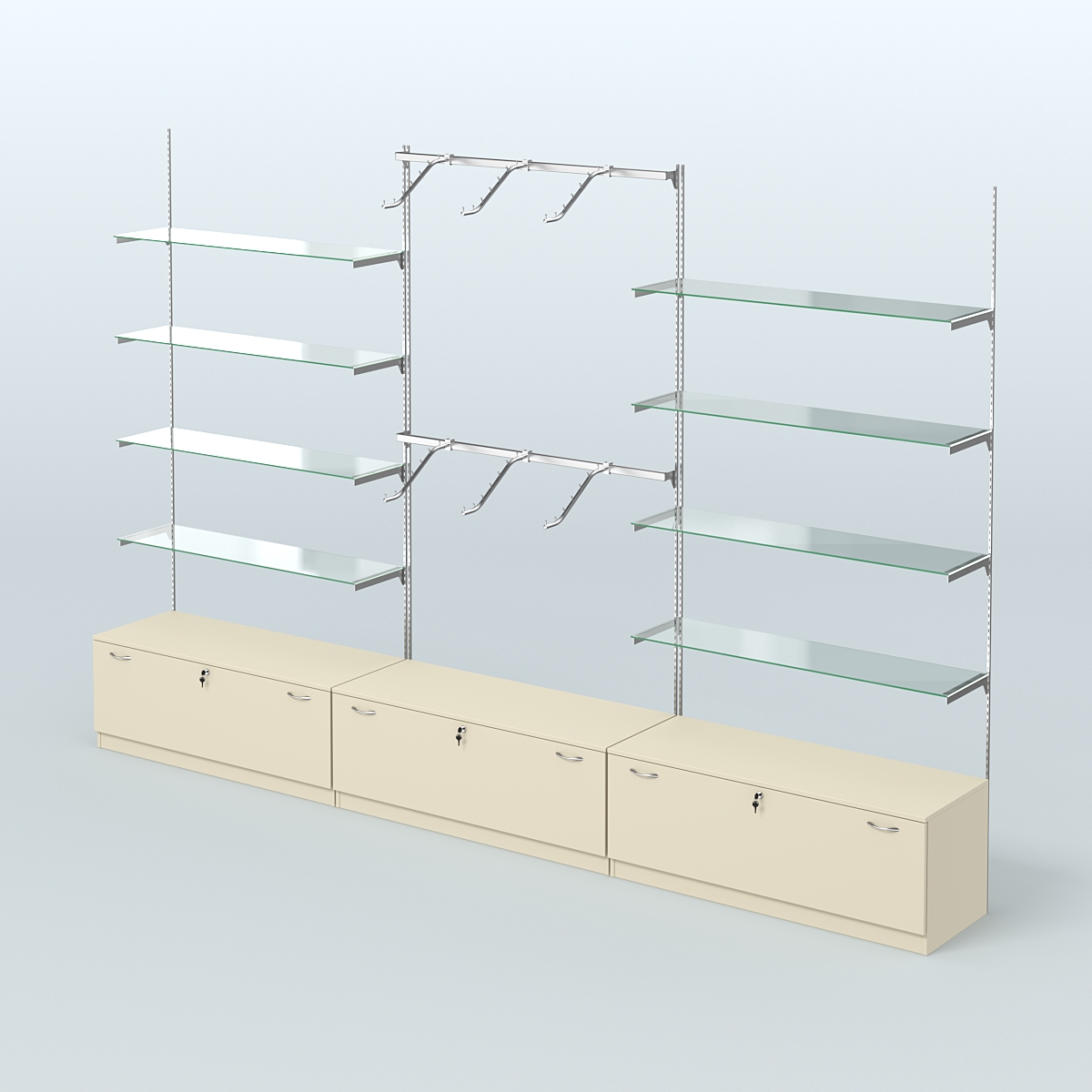 Система Neo Fix №10 с поручнями, стекловидными полками и тумбами T-11 Крем Вайс