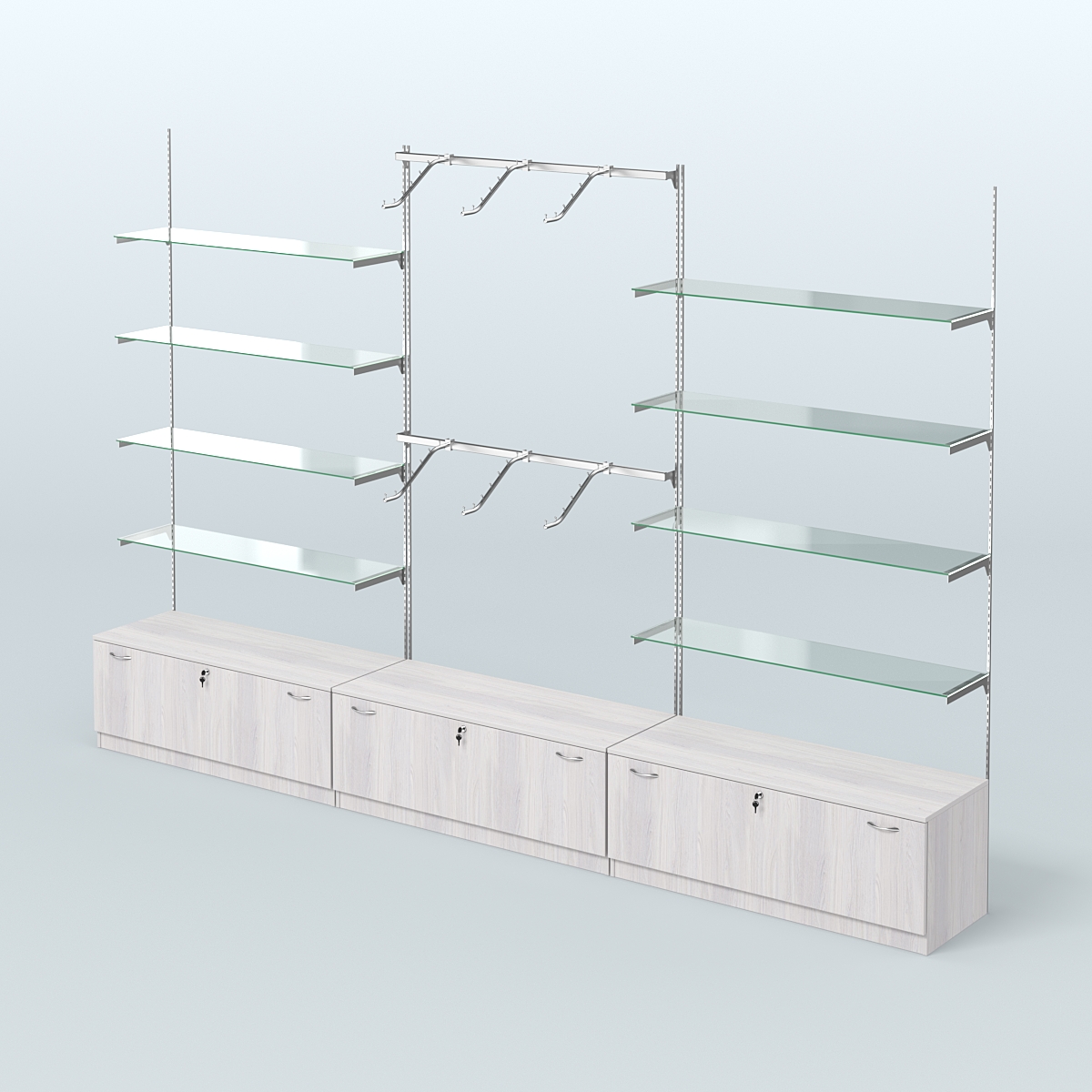 Система Neo Fix №10 с поручнями, стекловидными полками и тумбами T-11 Ясень Анкор светлый