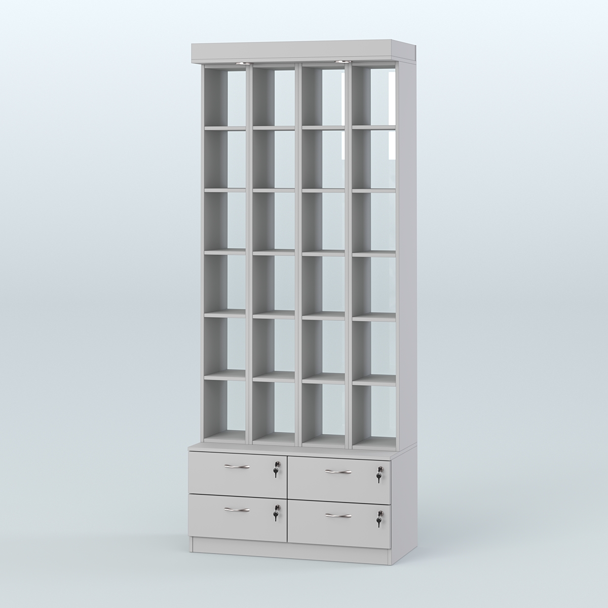 Витрина с четырьмя выдвижными ящиками для чая и кофе №2-2 (Т19) задняя стенка Стекло Серый