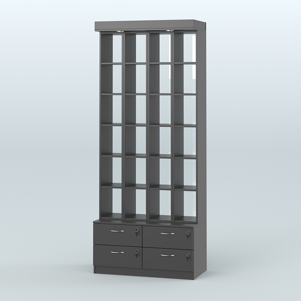 Витрина с четырьмя выдвижными ящиками для чая и кофе №2-2 (Т19) задняя стенка Стекло Черный