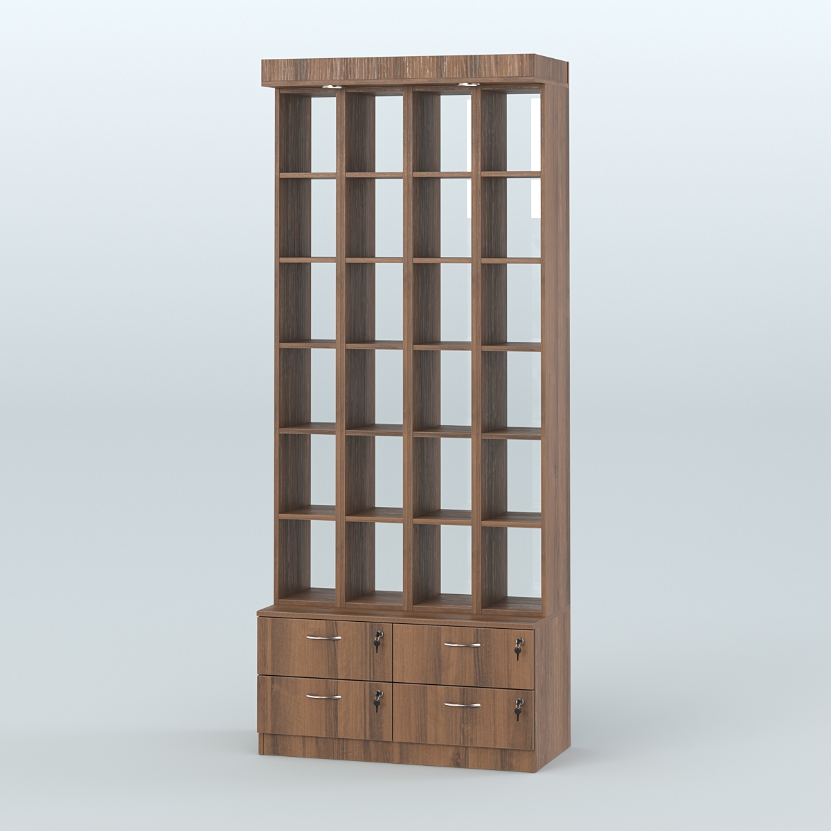 Витрина с четырьмя выдвижными ящиками для чая и кофе №2-2 (Т19) задняя стенка Стекло Орех