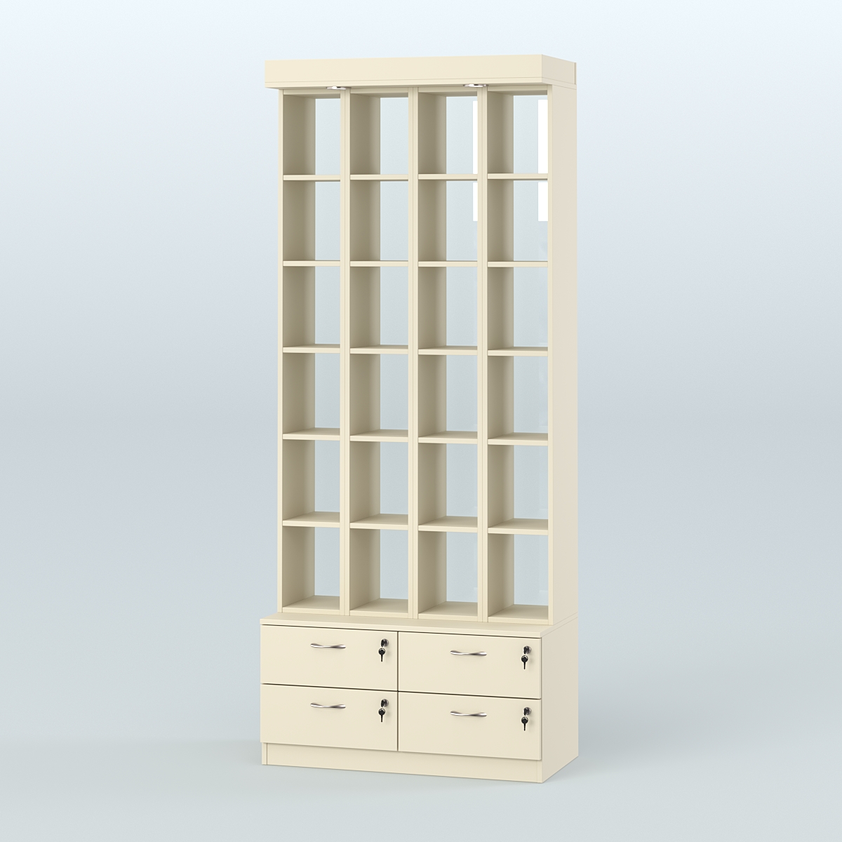 Витрина с четырьмя выдвижными ящиками для чая и кофе №2-2 (Т19) задняя стенка Стекло Крем Вайс