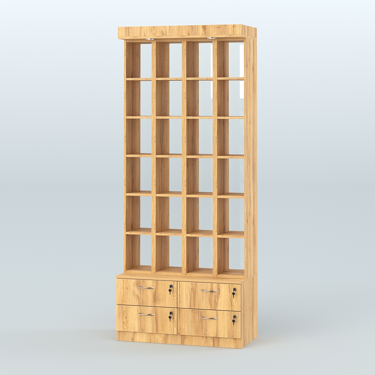 Витрина с четырьмя выдвижными ящиками для чая и кофе №2-2 (Т19) задняя стенка Стекло Дуб Золотистый