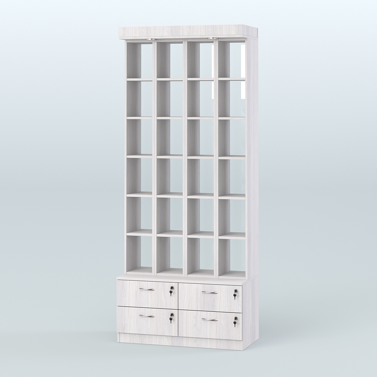 Витрина с четырьмя выдвижными ящиками для чая и кофе №2-2 (Т19) задняя стенка Стекло Ясень Анкор светлый