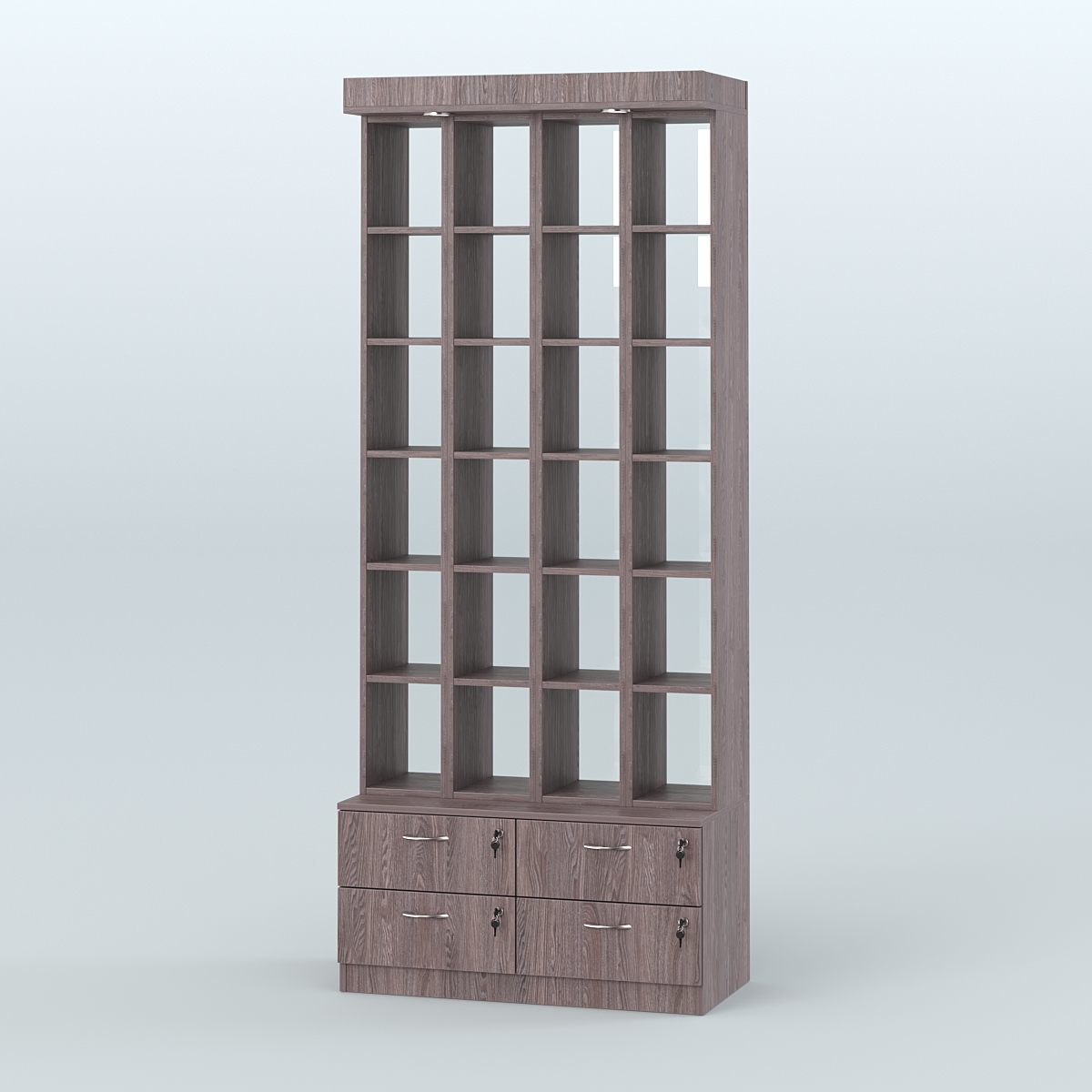 Витрина с четырьмя выдвижными ящиками для чая и кофе №2-2 (Т19) задняя стенка Стекло Ясень Анкор темный