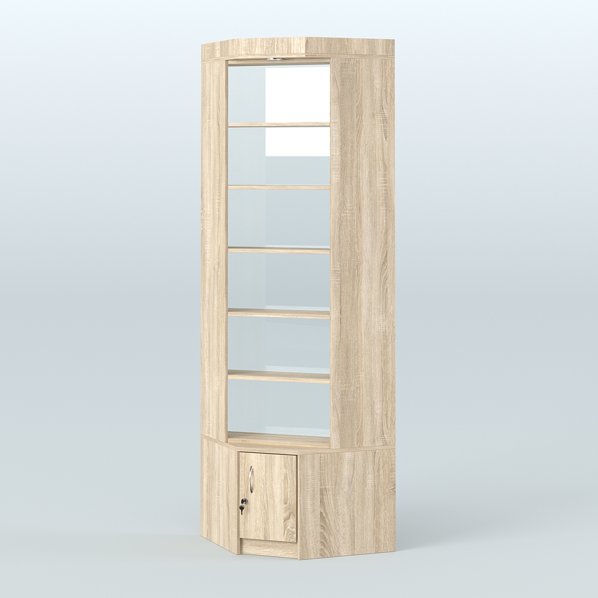 Витрина с верхней подсветкой для чая и кофе угловая №1-2 задняя стенка Стекло Дуб сонома