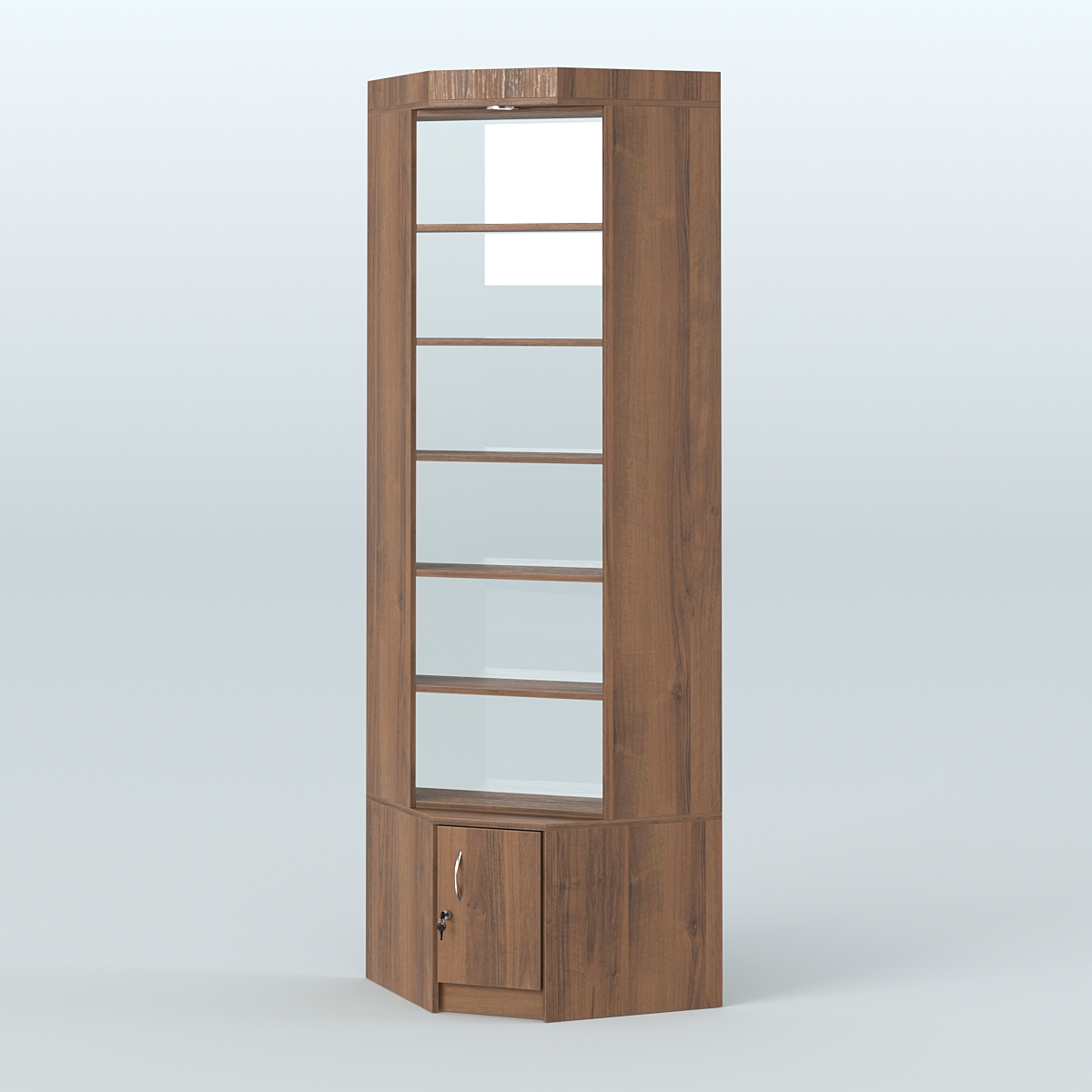 Витрина с верхней подсветкой для чая и кофе угловая №1-2 задняя стенка Стекло Орех