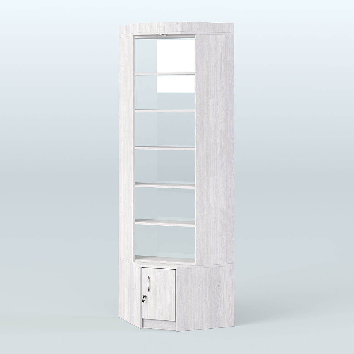 Витрина с верхней подсветкой для чая и кофе угловая №1-2 задняя стенка Стекло Ясень Анкор светлый