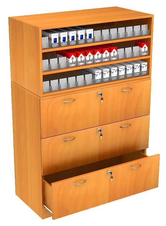 Прилавок для сигарет Т-18 с тремя выдвижными ящиками и акриловыми диспенсерами Орех