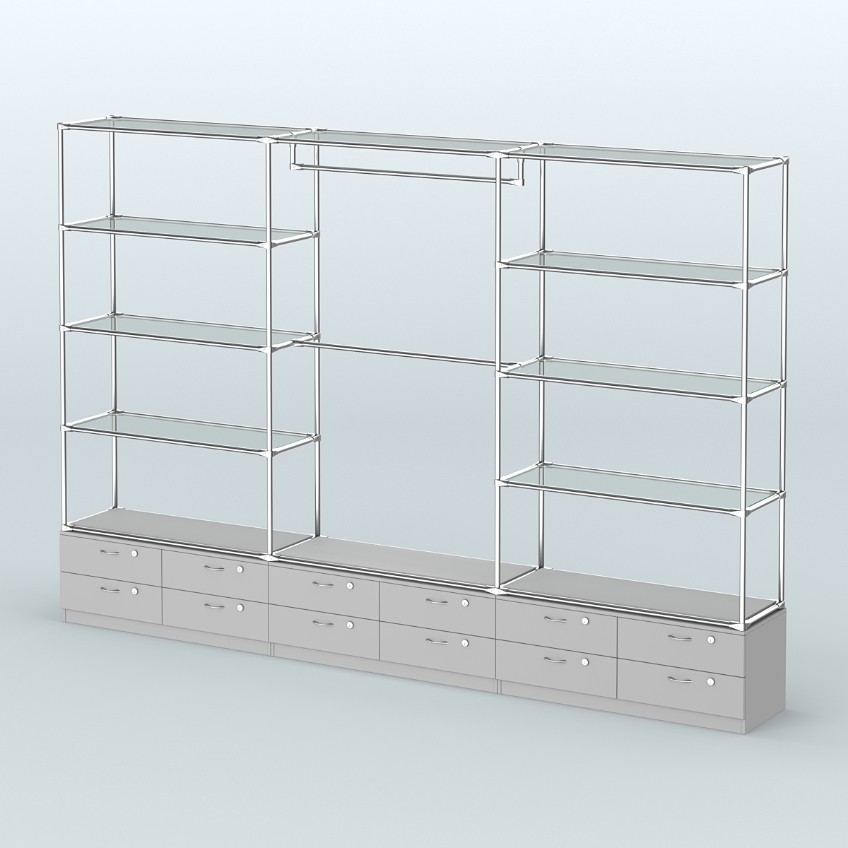 Торговая система ХРОМ без ДСП 3600 мм с тумбами Т14, прозрачными полками и поручнями №1 Серый