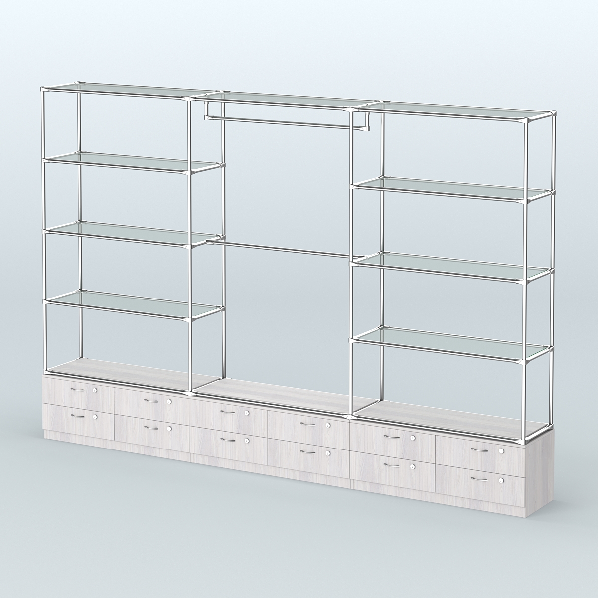 Торговая система ХРОМ без ДСП 3600 мм с тумбами Т14, прозрачными полками и поручнями №1 Ясень Анкор светлый