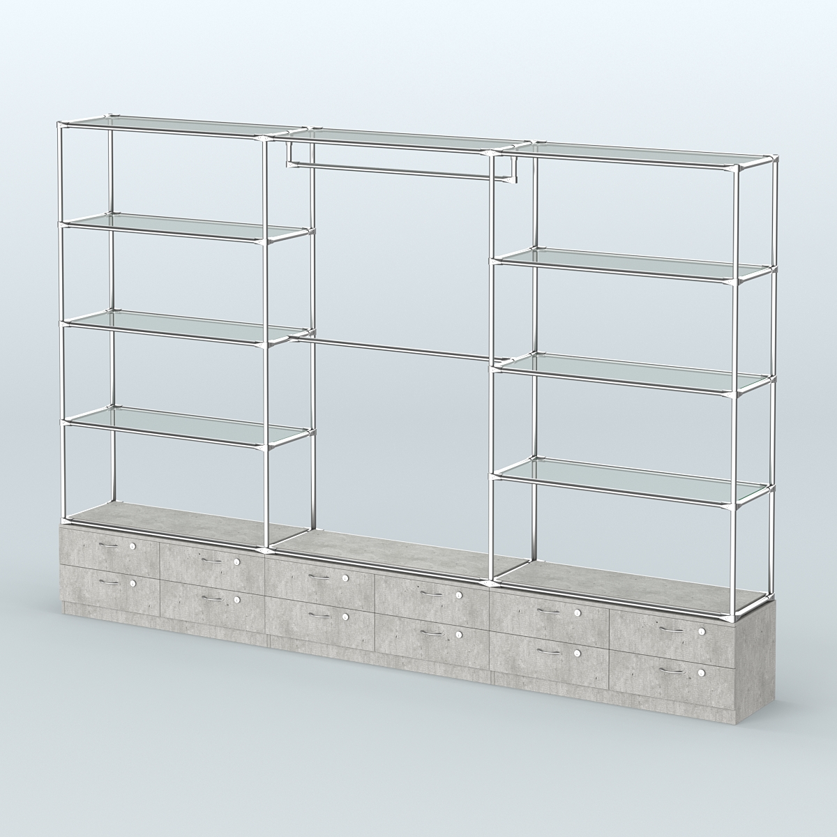 Торговая система ХРОМ без ДСП 3600 мм с тумбами Т14, прозрачными полками и поручнями №1 Метрополитан Грей