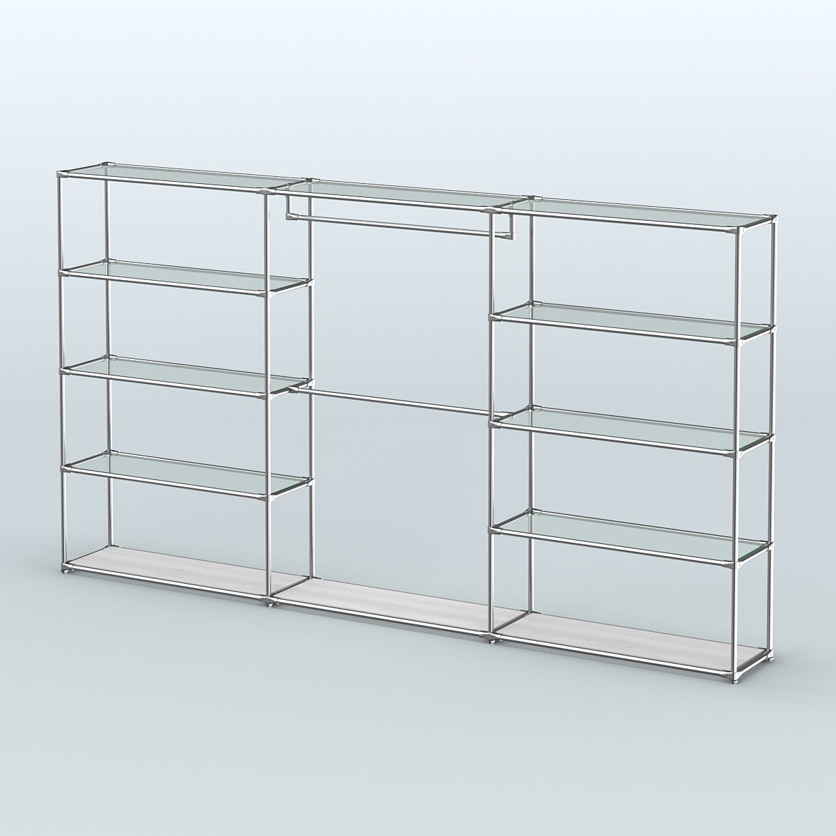 Торговая система ХРОМ без ДСП 3600 мм с прозрачными полками и поручнями №1 Ясень Анкор светлый