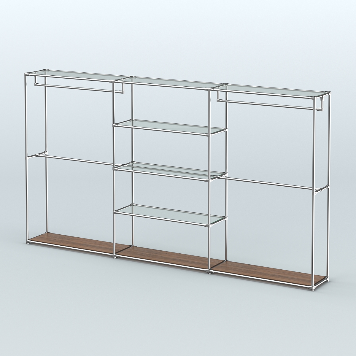 Торговая система ХРОМ без ДСП 3600 мм с прозрачными полками и поручнями №2 Орех