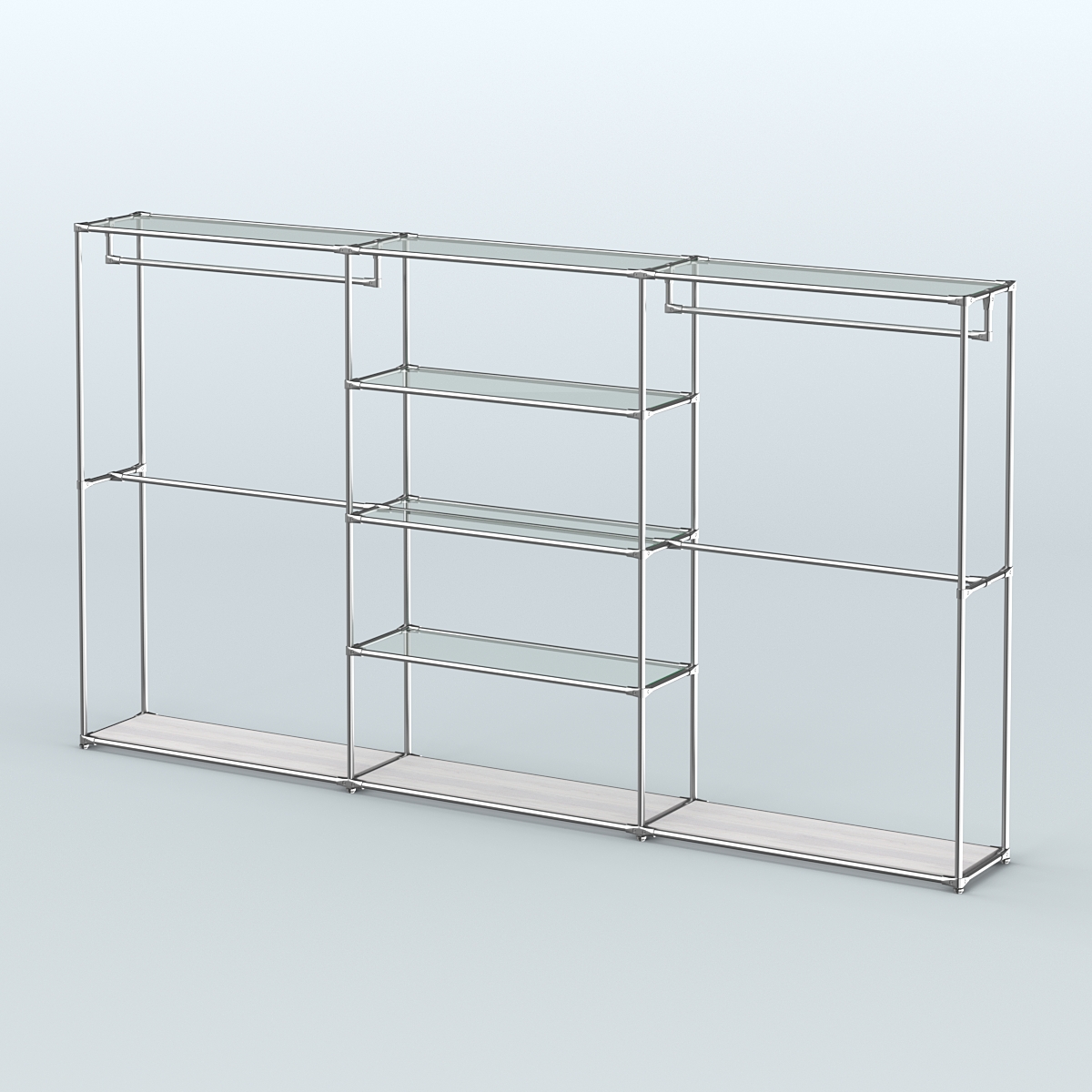 Торговая система ХРОМ без ДСП 3600 мм с прозрачными полками и поручнями №2 Ясень Анкор светлый