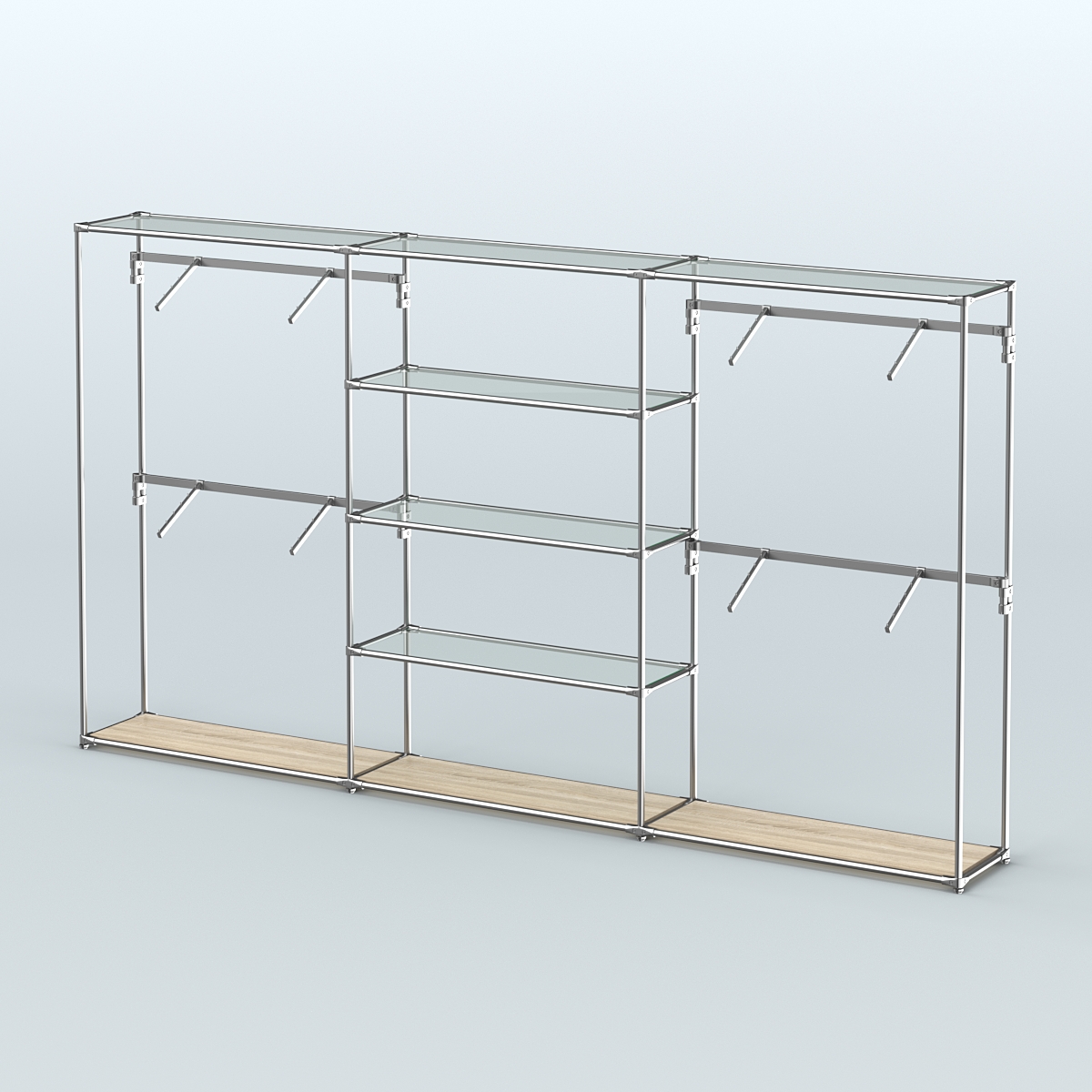 Торговая система ХРОМ без ДСП 3600 мм с прозрачными полками и поручнями №5 Дуб Сонома